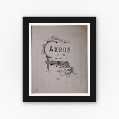 Old map wall art mockup — black gallery frame with white mat — Sanborn Fire Insurance Map from Akron, Summit County, Ohio (1940), Sheet #0001