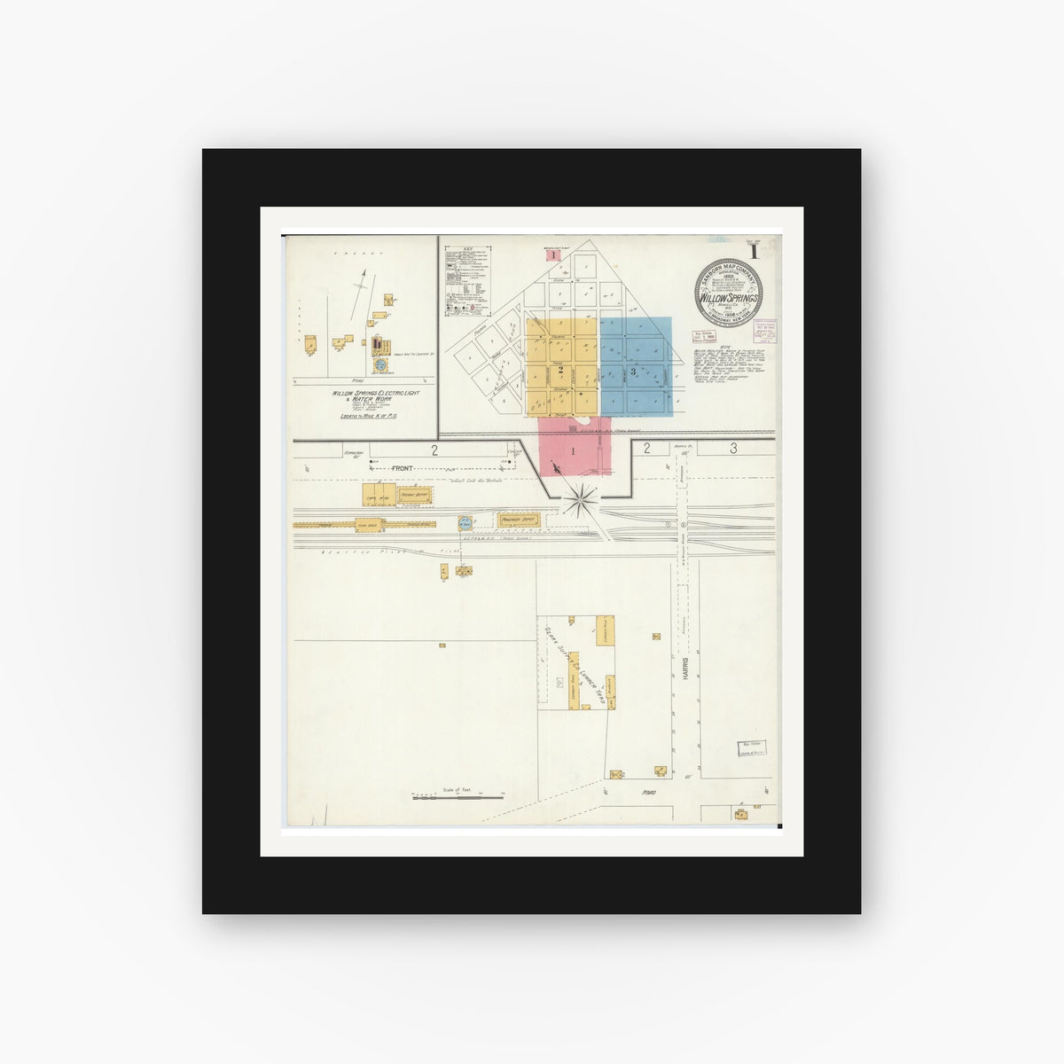 Old map wall art mockup — black gallery frame with white mat — Sanborn Fire Insurance Map from Willow Springs, Howell County, Missouri (1906) - Complete Map Set