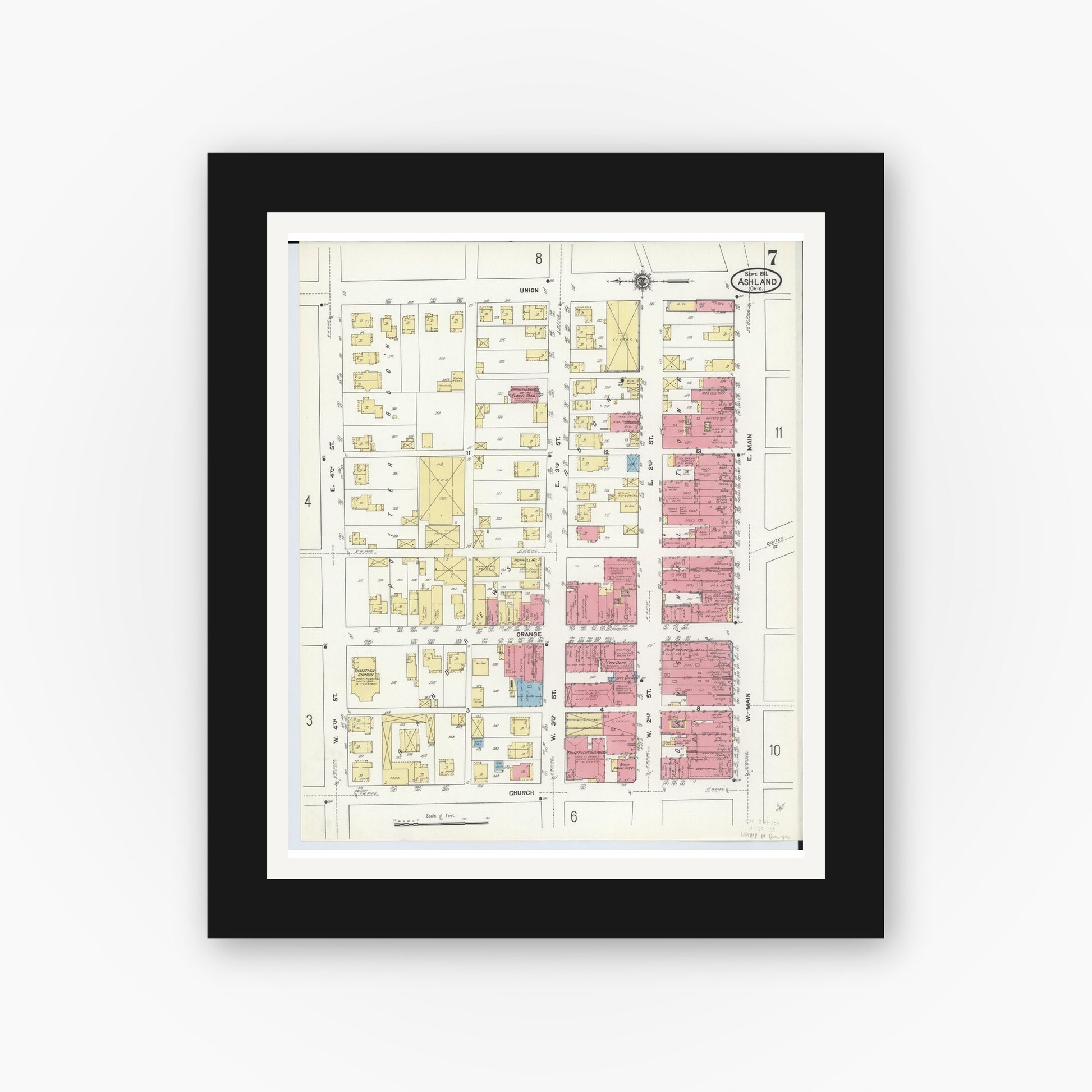 Old map wall art mockup — black gallery frame with white mat — Sanborn Fire Insurance Map from Ashland, Ashland County, Ohio (1911), Sheet #0007