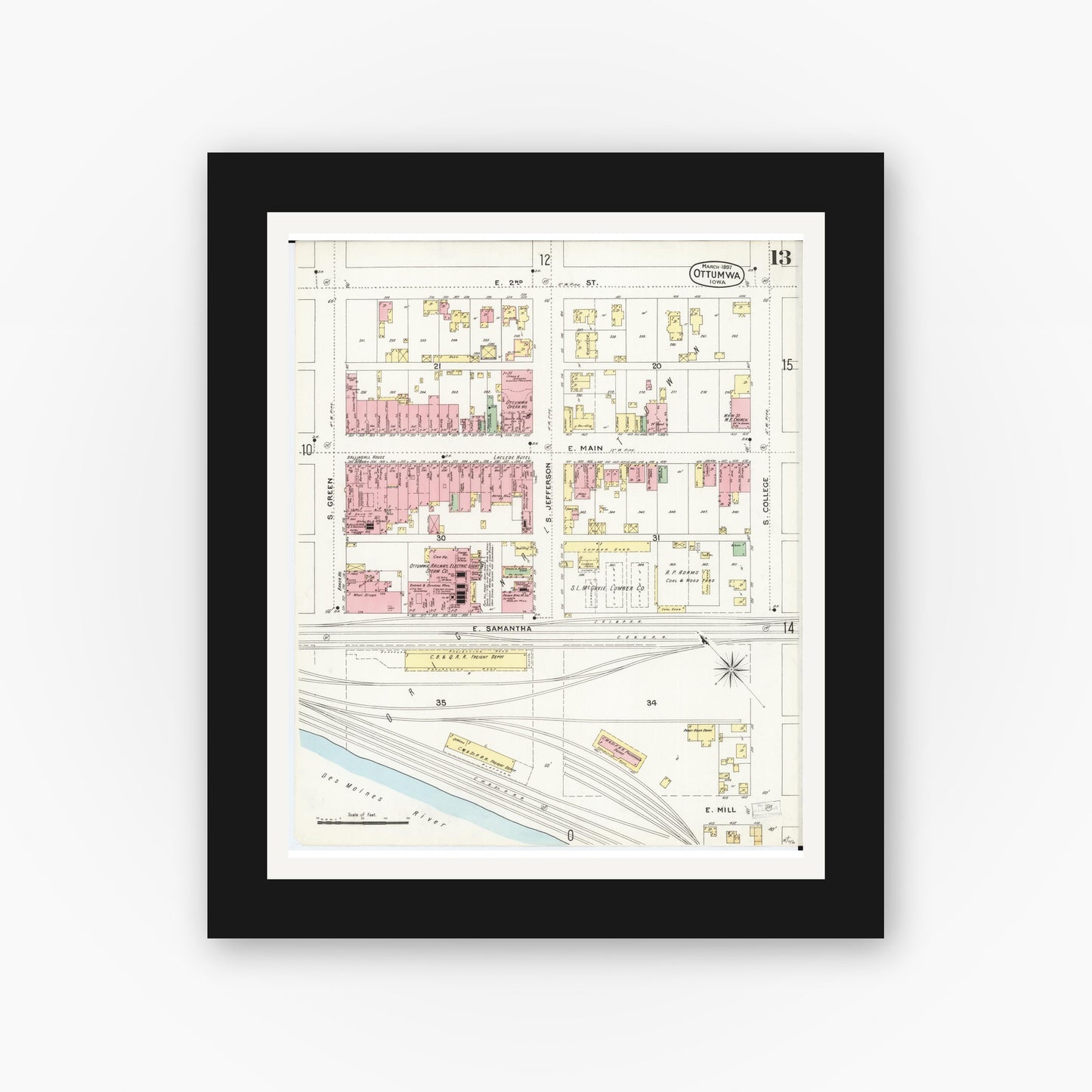 Old map wall art mockup — black gallery frame with white mat — Sanborn Fire Insurance Map from Ottumwa, Wapello County, Iowa (1897), Sheet #0013