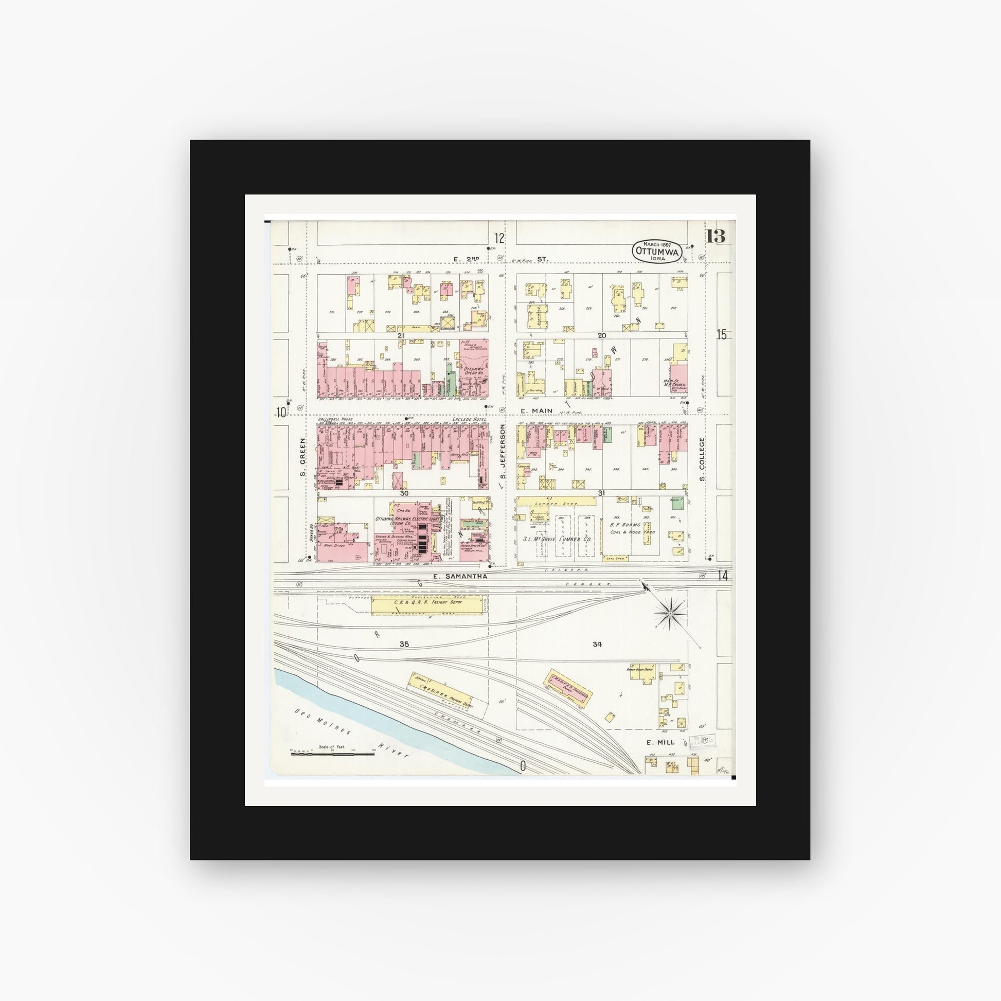 Old map wall art mockup — black gallery frame with white mat — Sanborn Fire Insurance Map from Ottumwa, Wapello County, Iowa (1897), Sheet #0013