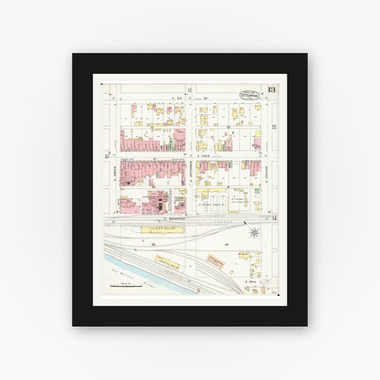 Old map wall art mockup — black gallery frame with white mat — Sanborn Fire Insurance Map from Ottumwa, Wapello County, Iowa (1897), Sheet #0013