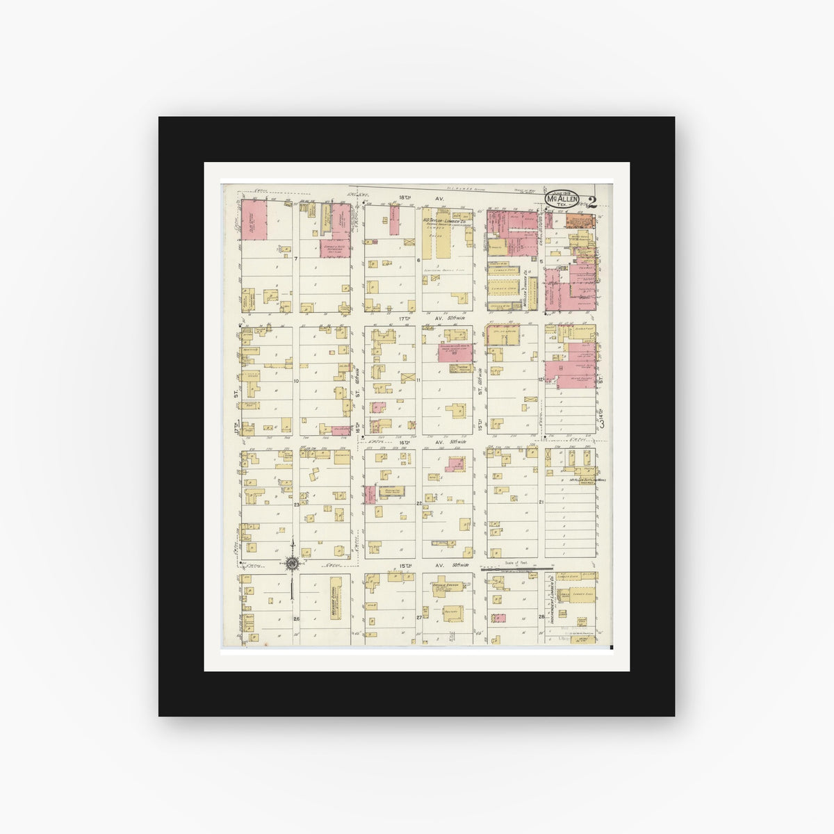 Old map wall art mockup — black gallery frame with white mat — Sanborn Fire Insurance Map from McAllen, Hidalgo County, Texas (1919), Sheet #0002