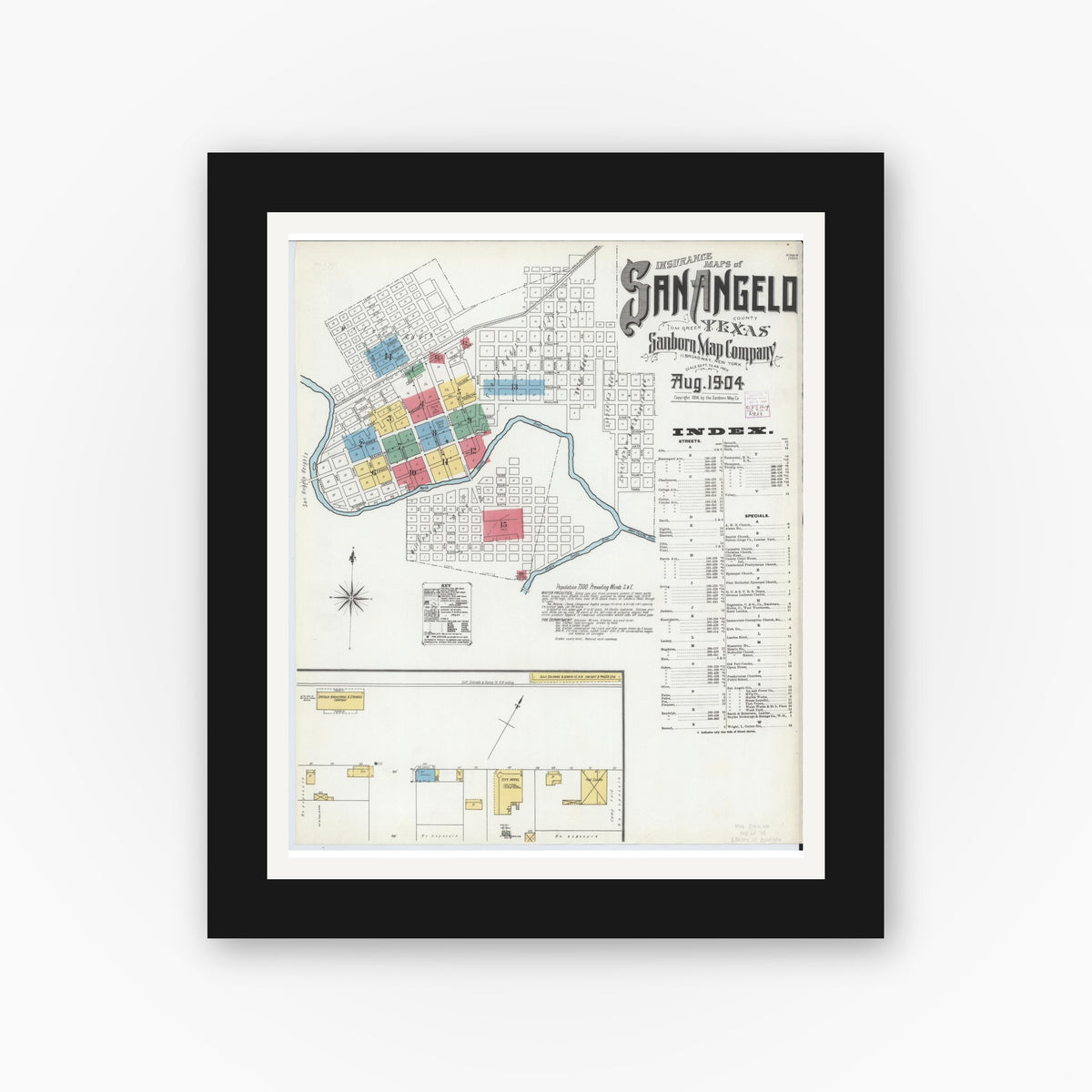 Old map wall art mockup — black gallery frame with white mat — Sanborn Fire Insurance Map from San Angelo, Tom Green County, Texas (1904) - Complete Map Set
