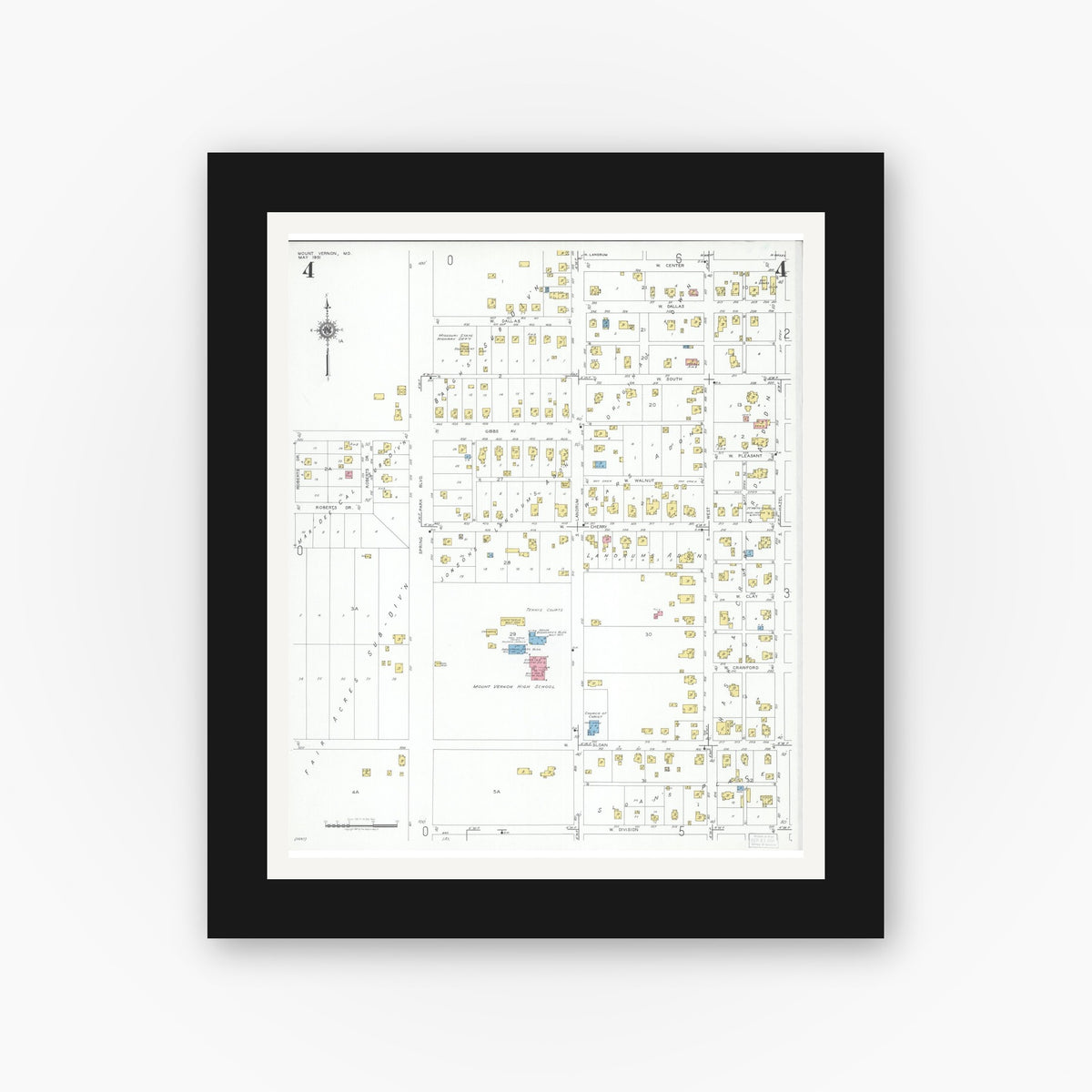Old map wall art mockup — black gallery frame with white mat — Sanborn Fire Insurance Map from Mount Vernon, Lawrence County, Missouri (1951), Sheet #0004