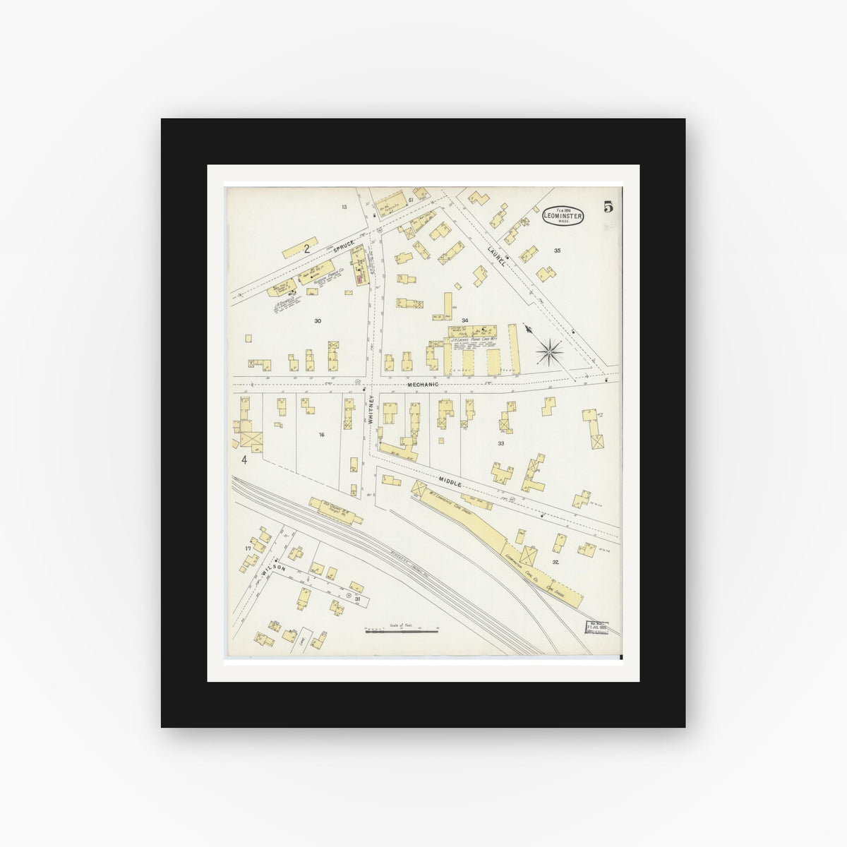 Old map wall art mockup — black gallery frame with white mat — Sanborn Fire Insurance Map from Leominster, Worcester County, Massachusetts (1896), Sheet #0005