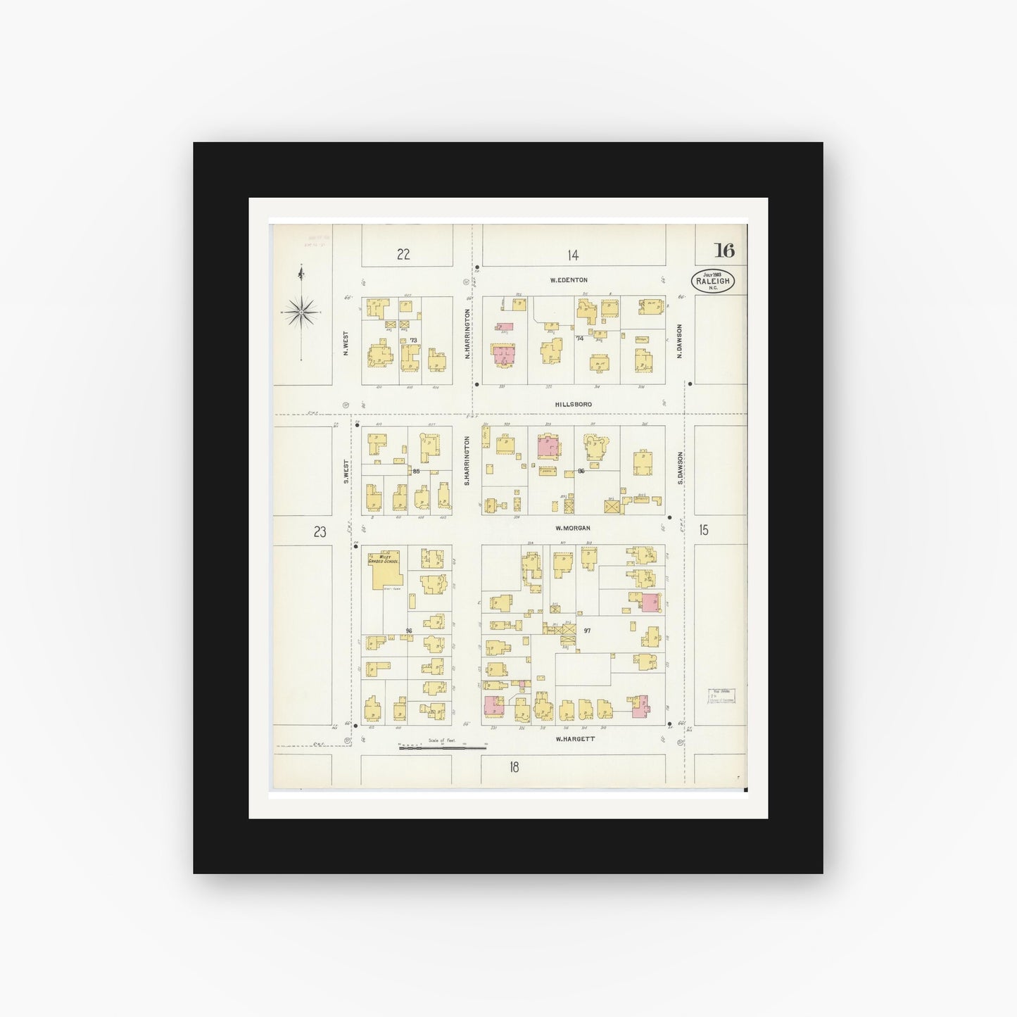 Old map wall art mockup — black gallery frame with white mat — Sanborn Fire Insurance Map from Raleigh, Wake County, North Carolina (1903), Sheet #0016