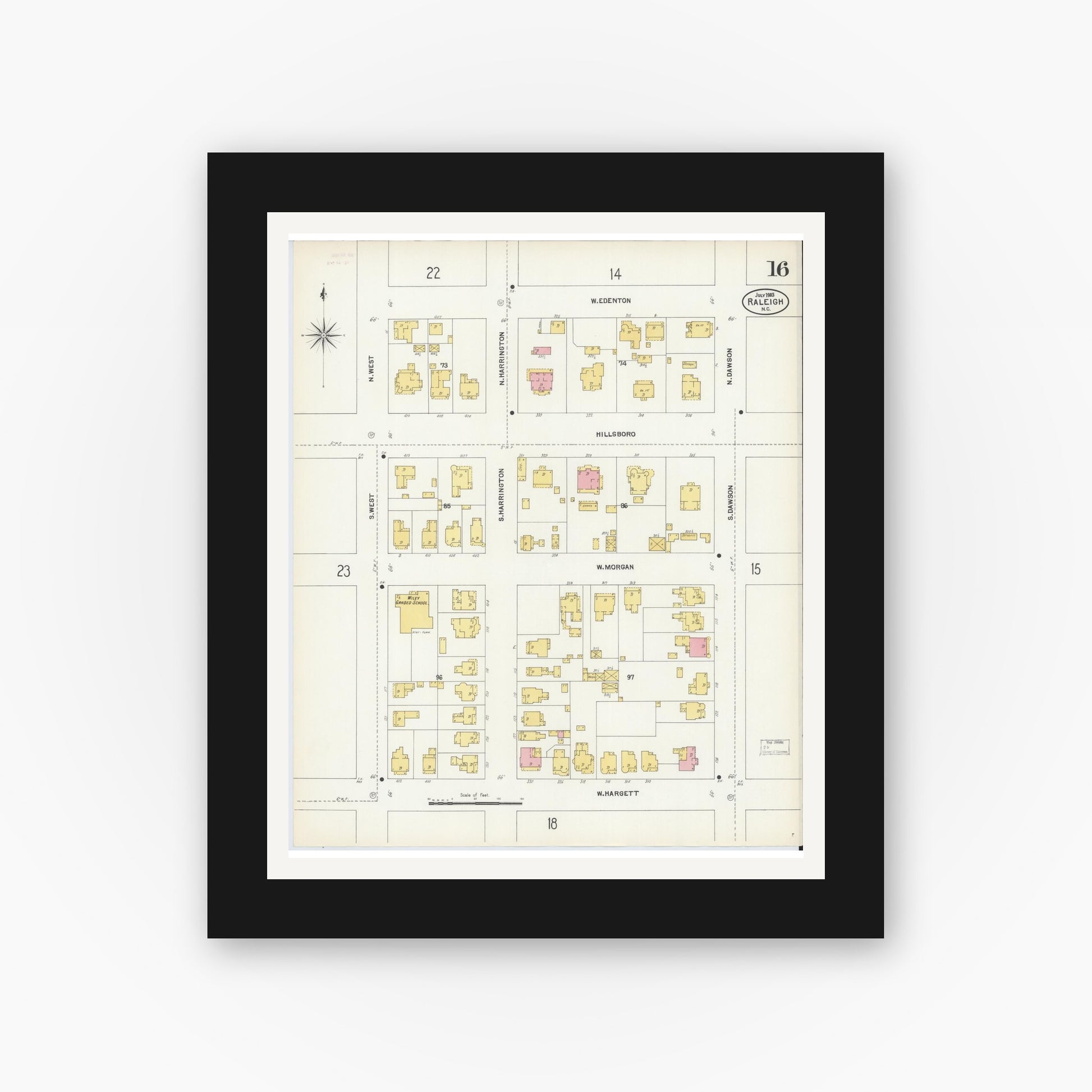 Old map wall art mockup — black gallery frame with white mat — Sanborn Fire Insurance Map from Raleigh, Wake County, North Carolina (1903), Sheet #0016
