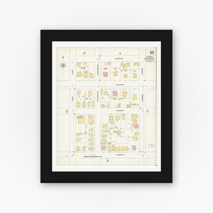 Old map wall art mockup — black gallery frame with white mat — Sanborn Fire Insurance Map from Raleigh, Wake County, North Carolina (1903), Sheet #0016