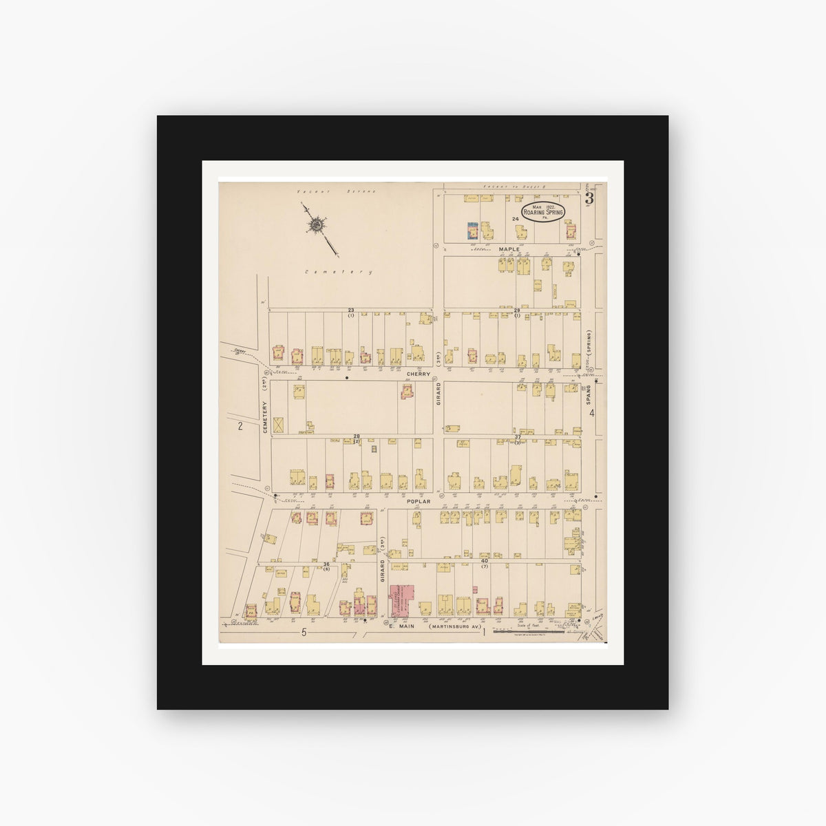 Old map wall art mockup — black gallery frame with white mat — Sanborn Fire Insurance Map from Roaring Spring, Blair County, Pennsylvania (1922), Sheet #0003