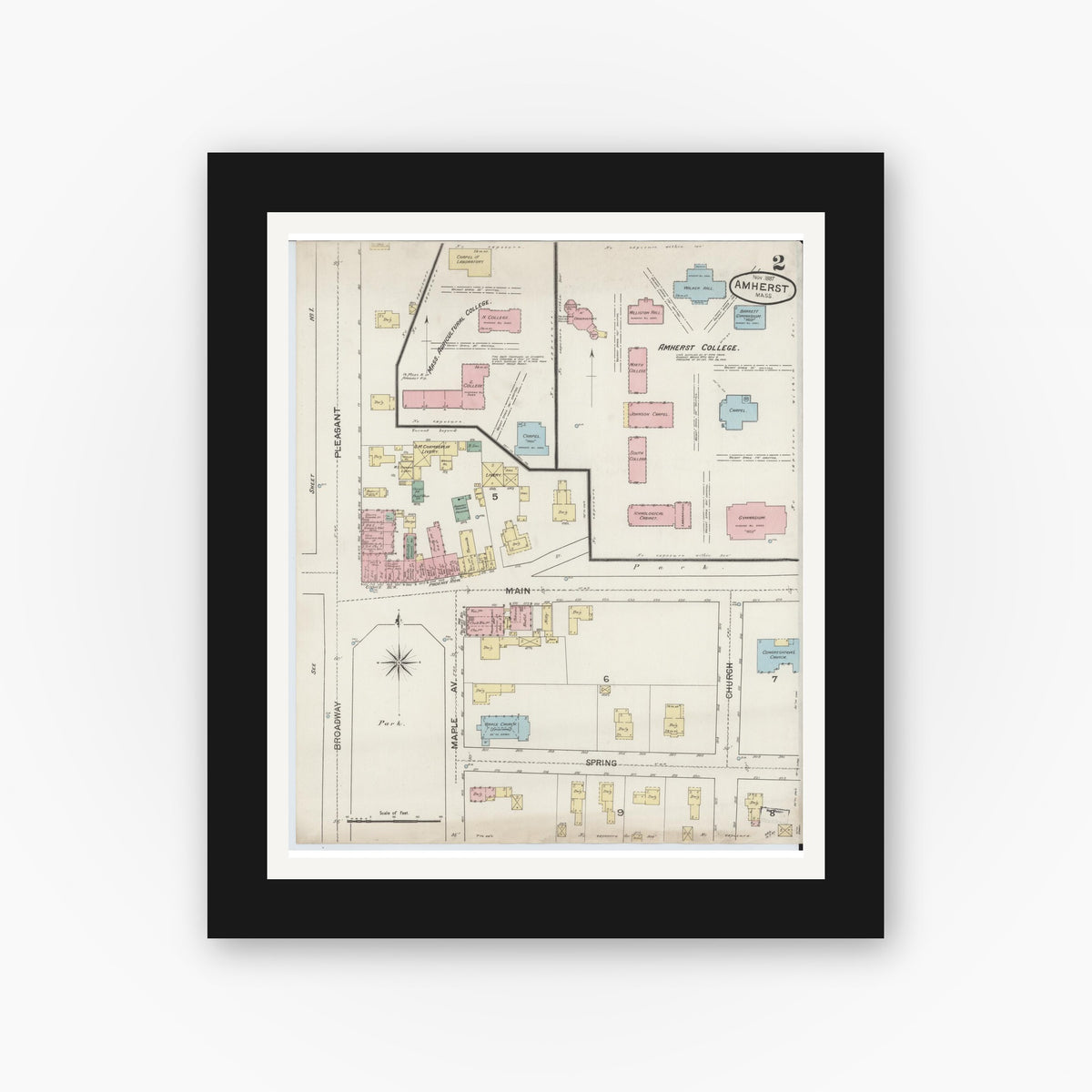 Old map wall art mockup — black gallery frame with white mat — Sanborn Fire Insurance Map from Amherst, Hampshire County, Massachusetts (1887), Sheet #0002
