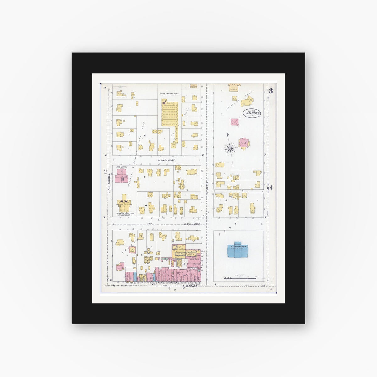 Old map wall art mockup — black gallery frame with white mat — Sanborn Fire Insurance Map from Sycamore, De Kalb County, Illinois (1905), Sheet #0003