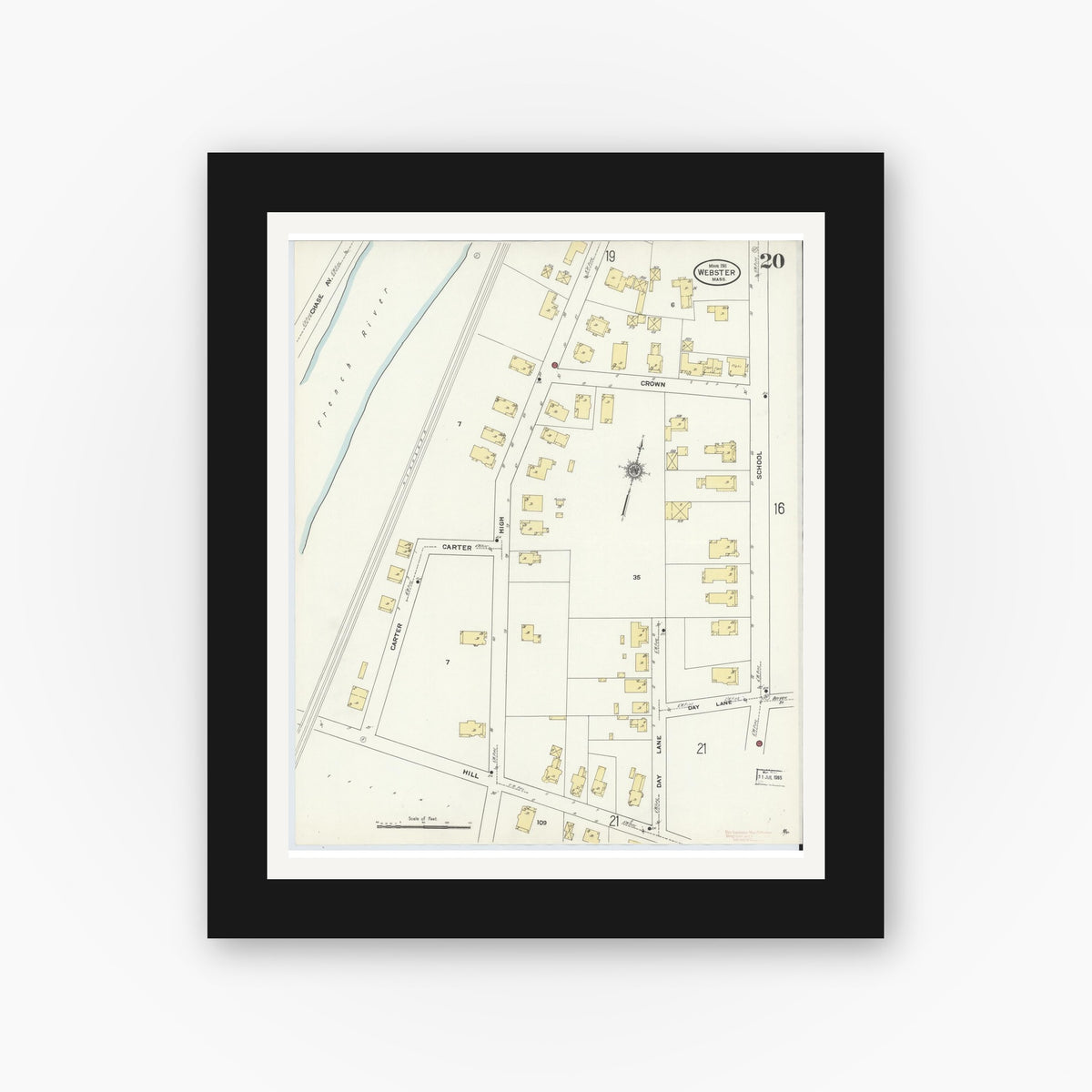 Old map wall art mockup — black gallery frame with white mat — Sanborn Fire Insurance Map from Webster, Worcester County, Massachusetts (1911), Sheet #0020