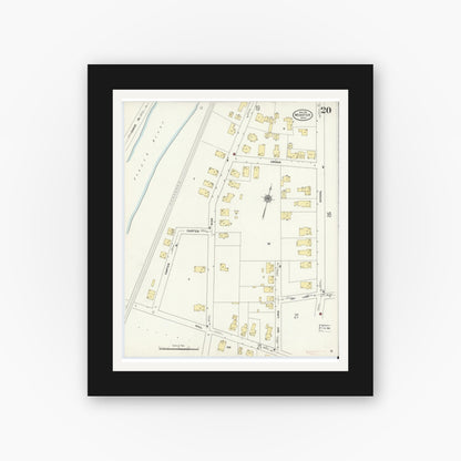 Old map wall art mockup — black gallery frame with white mat — Sanborn Fire Insurance Map from Webster, Worcester County, Massachusetts (1911), Sheet #0020