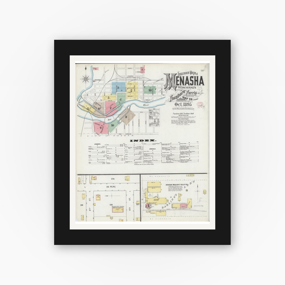 Old map wall art mockup — black gallery frame with white mat — Sanborn Fire Insurance Map from Menasha, Winnebago County, Wisconsin (1895) - Complete Map Set