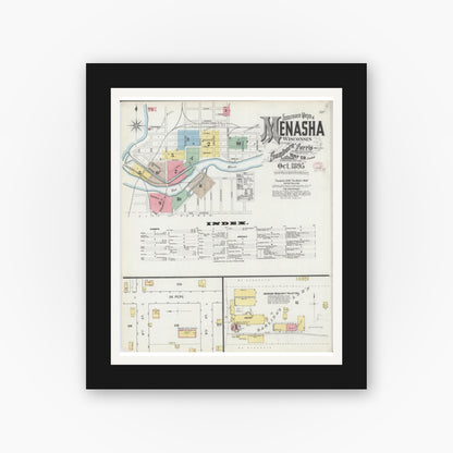 Old map wall art mockup — black gallery frame with white mat — Sanborn Fire Insurance Map from Menasha, Winnebago County, Wisconsin (1895) - Complete Map Set