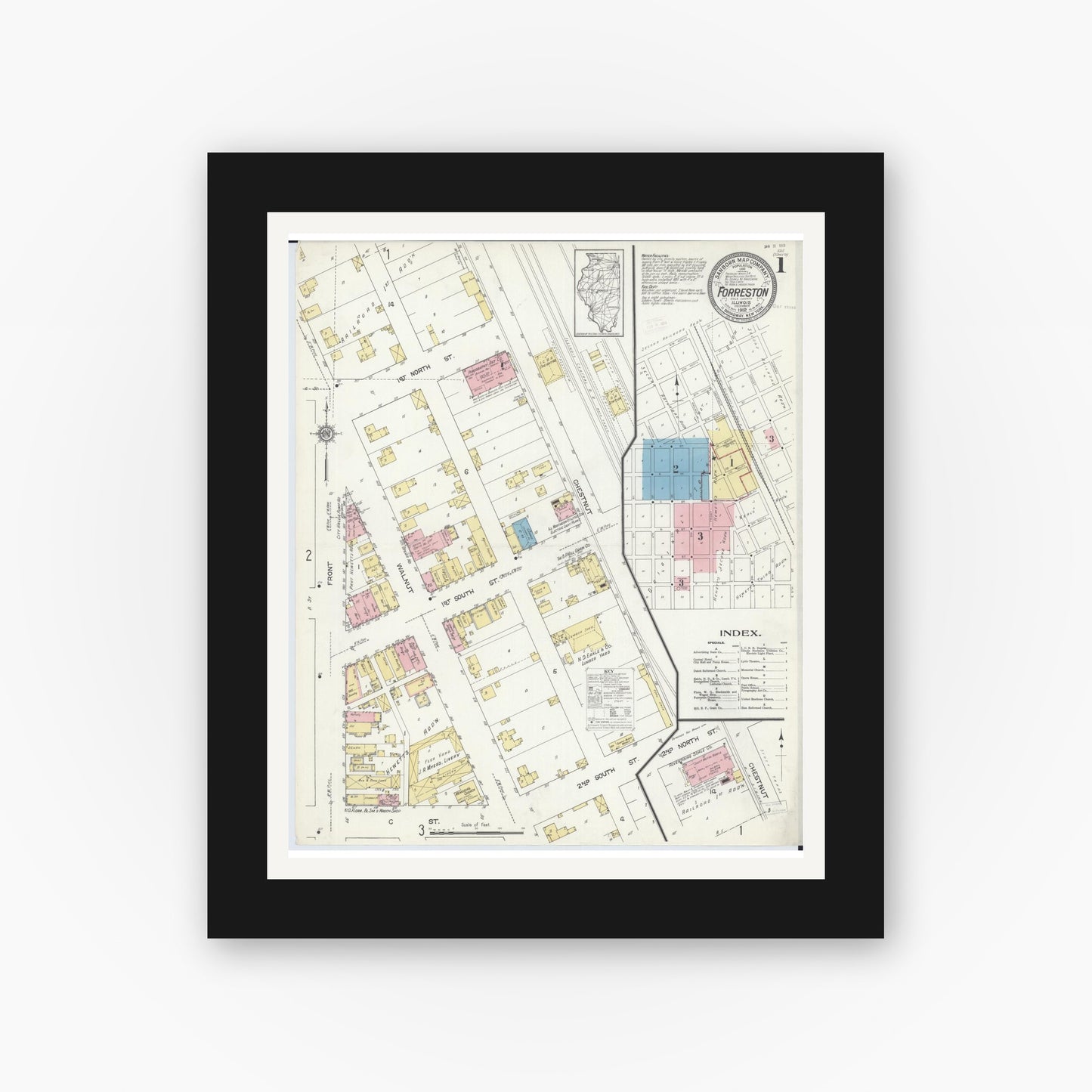Old map wall art mockup — black gallery frame with white mat — Sanborn Fire Insurance Map from Forreston, Ogle County, Illinois (1912) - Complete Map Set