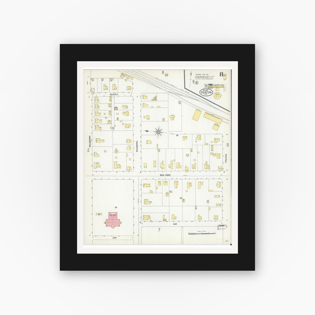 Old map wall art mockup — black gallery frame with white mat — Sanborn Fire Insurance Map from Denton, Denton County, Texas (1901), Sheet #0008