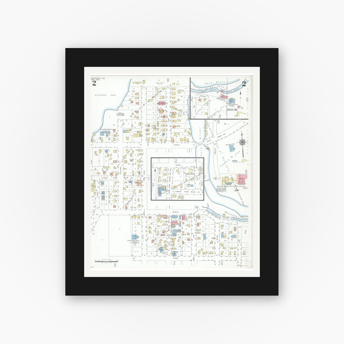 Old map wall art mockup — black gallery frame with white mat — Sanborn Fire Insurance Map from Hustisford, Dodge County, Wisconsin (1949), Sheet #0002