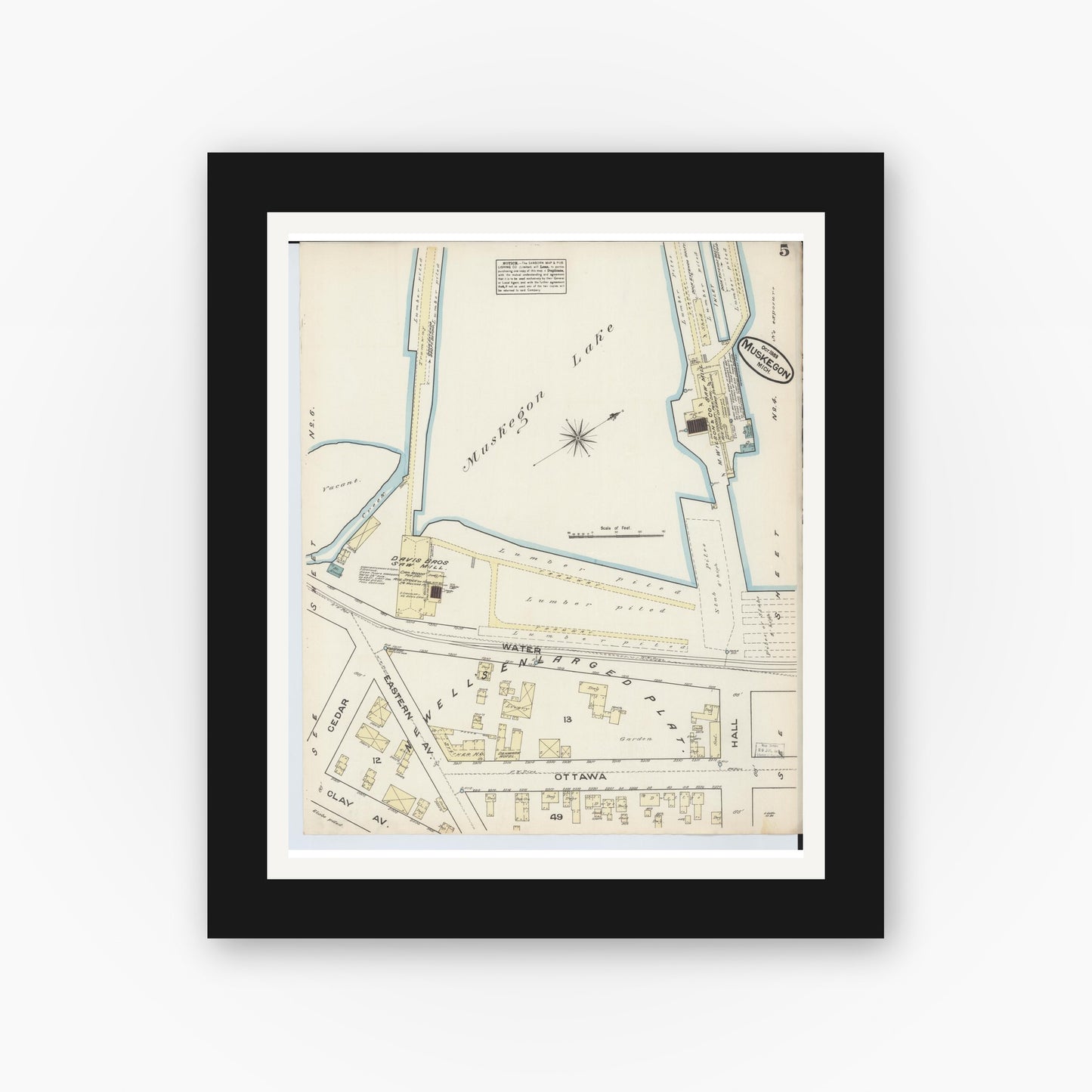 Old map wall art mockup — black gallery frame with white mat — Sanborn Fire Insurance Map from Muskegon, Muskegon County, Michigan (1883), Sheet #0005