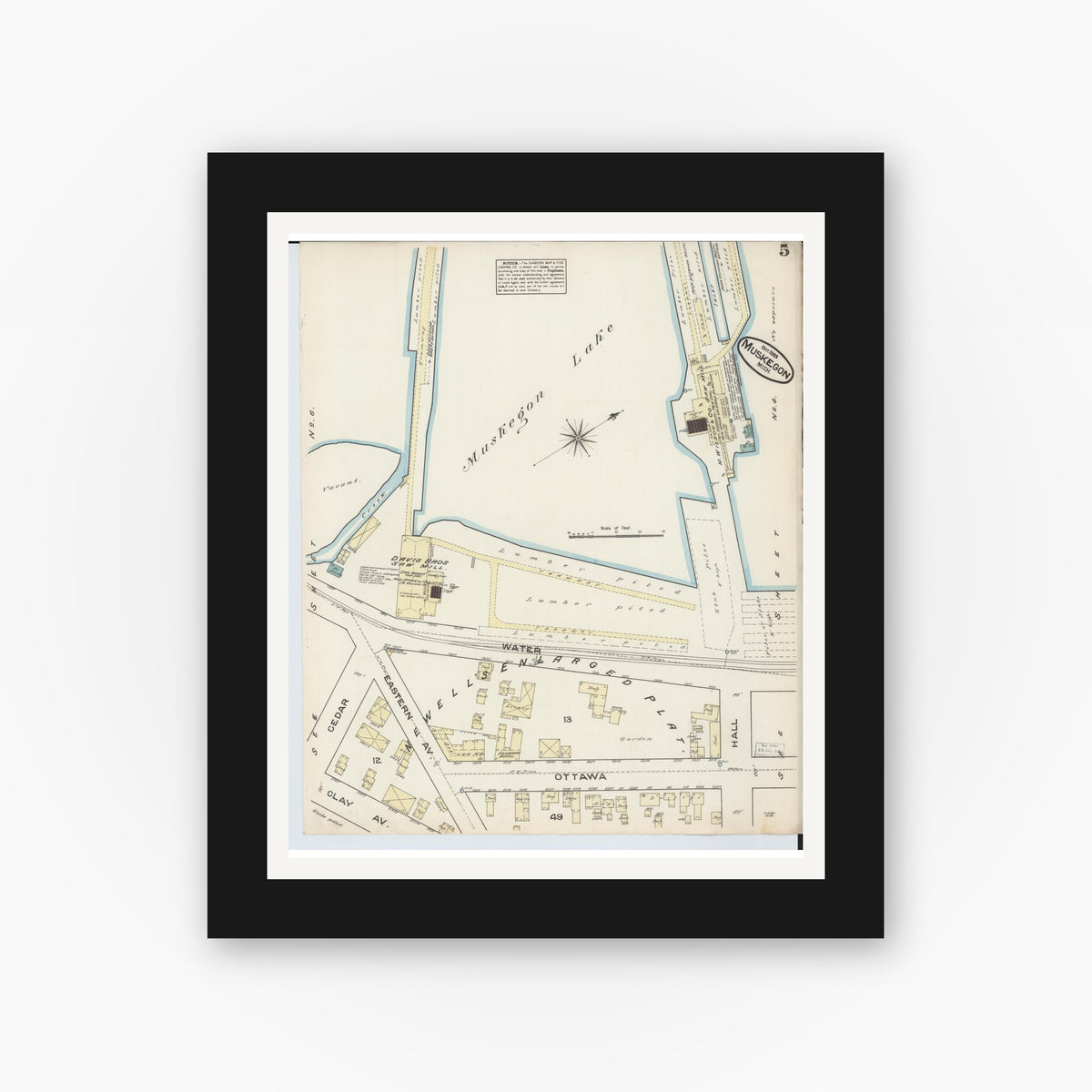 Old map wall art mockup — black gallery frame with white mat — Sanborn Fire Insurance Map from Muskegon, Muskegon County, Michigan (1883), Sheet #0005