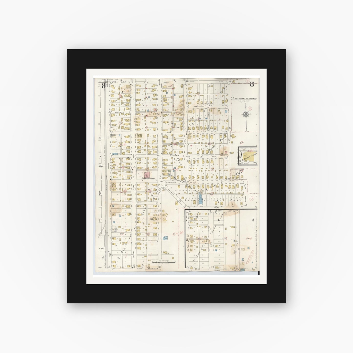 Old map wall art mockup — black gallery frame with white mat — Sanborn Fire Insurance Map from Noblesville, Hamilton County, Indiana (1947), Sheet #0008