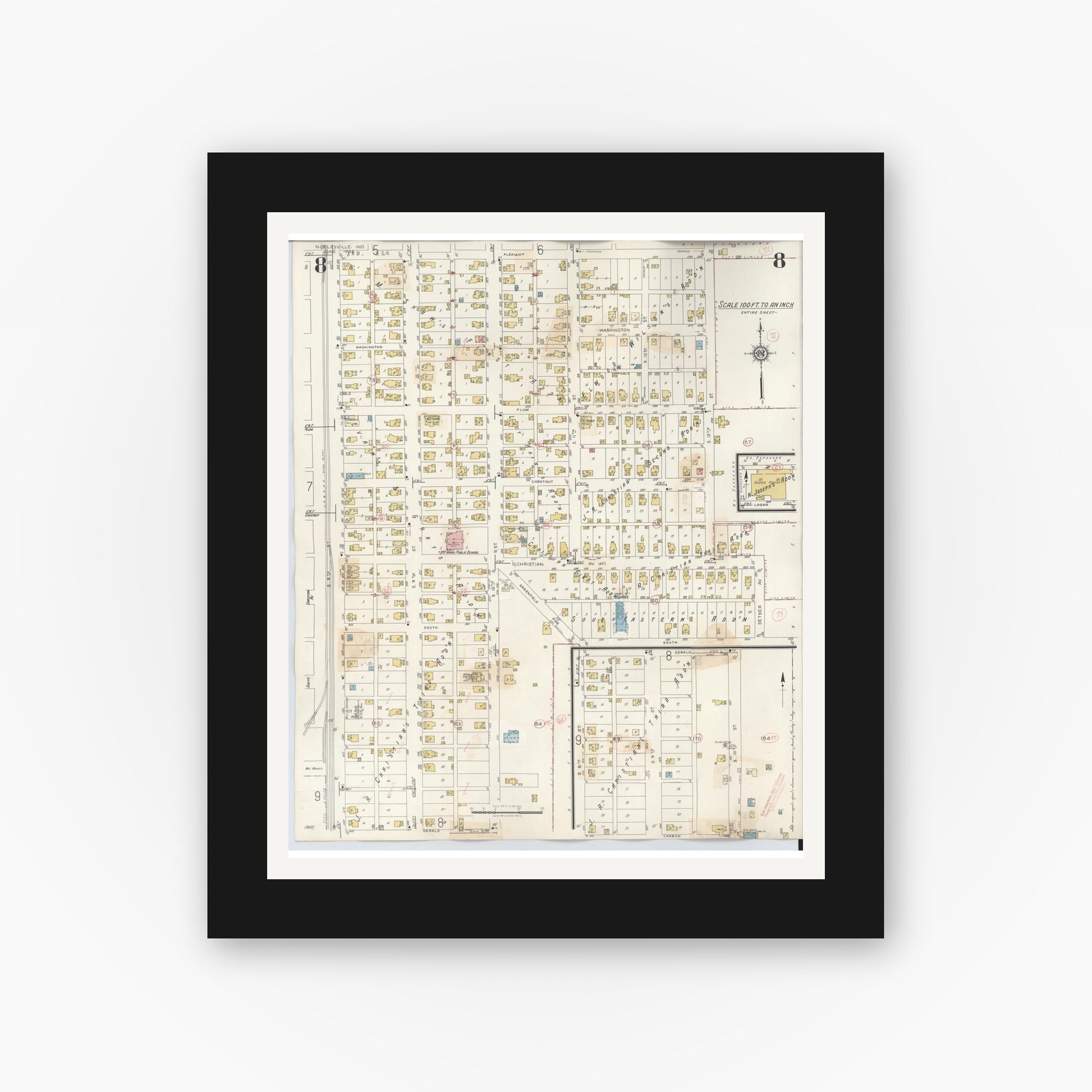 Old map wall art mockup — black gallery frame with white mat — Sanborn Fire Insurance Map from Noblesville, Hamilton County, Indiana (1947), Sheet #0008