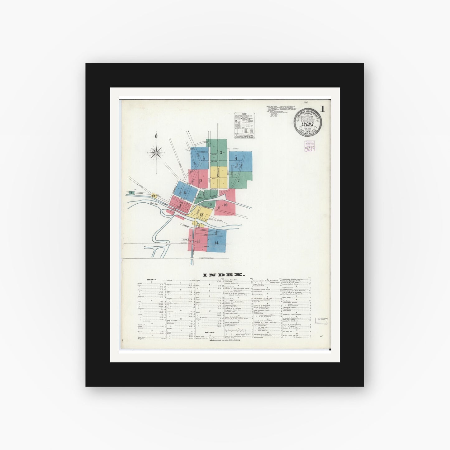 Old map wall art mockup — black gallery frame with white mat — Sanborn Fire Insurance Map from Lyons, Wayne County, New York (1904) - Complete Map Set