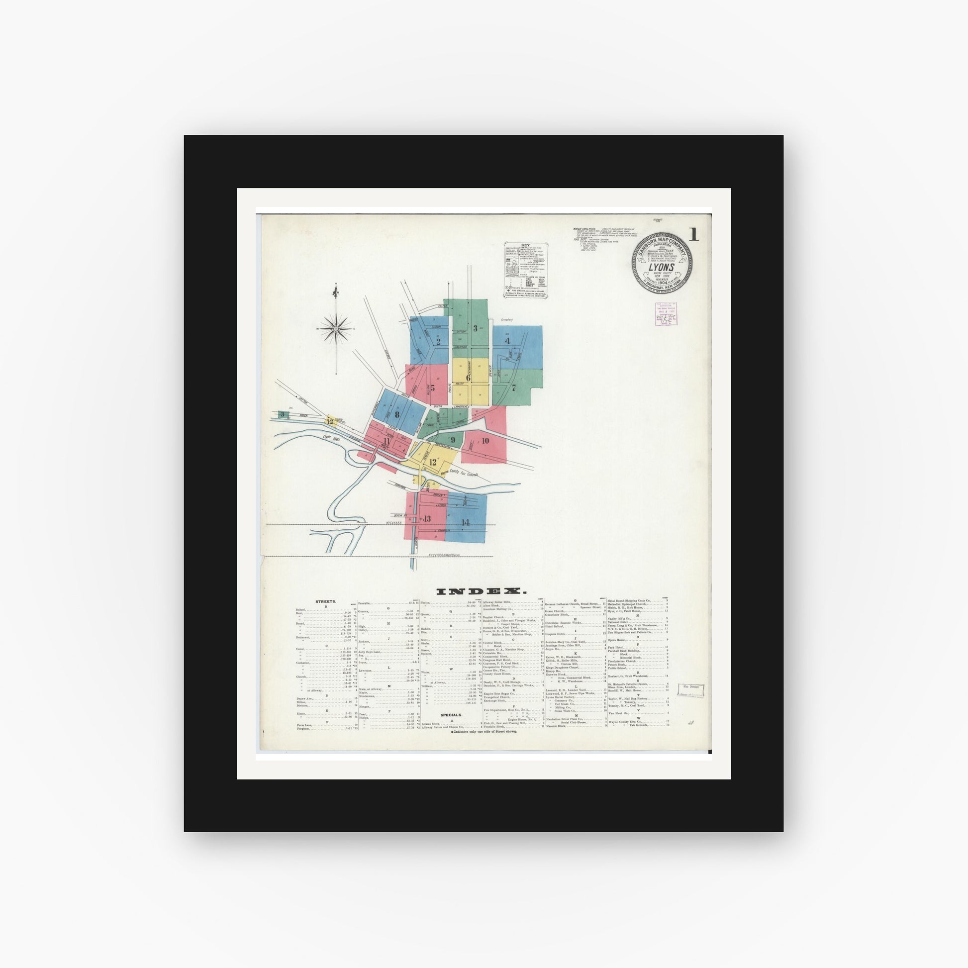 Old map wall art mockup — black gallery frame with white mat — Sanborn Fire Insurance Map from Lyons, Wayne County, New York (1904) - Complete Map Set