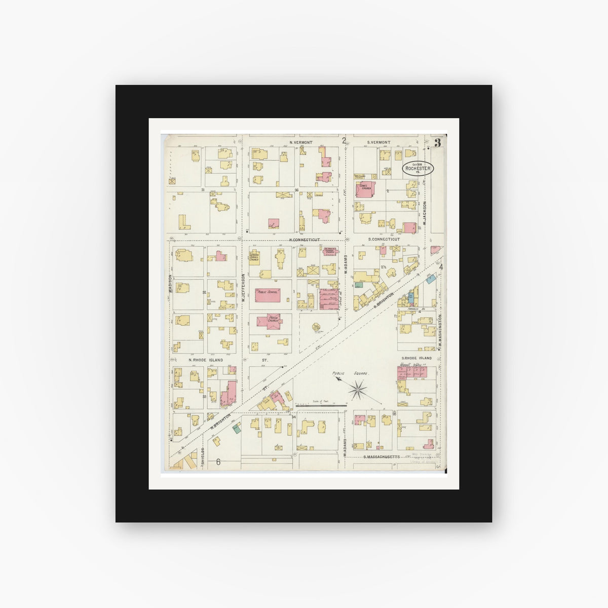 Old map wall art mockup — black gallery frame with white mat — Sanborn Fire Insurance Map from Rochester, Beaver County, Pennsylvania (1898), Sheet #0003