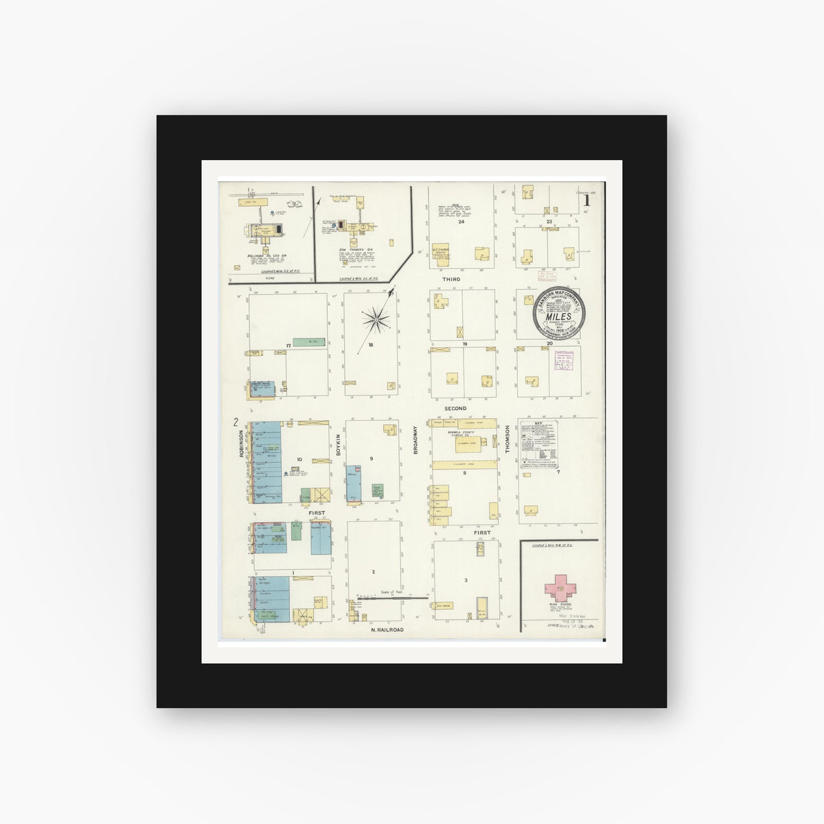 Old map wall art mockup — black gallery frame with white mat — Sanborn Fire Insurance Map from Miles, Runnels County, Texas (1908) - Complete Map Set