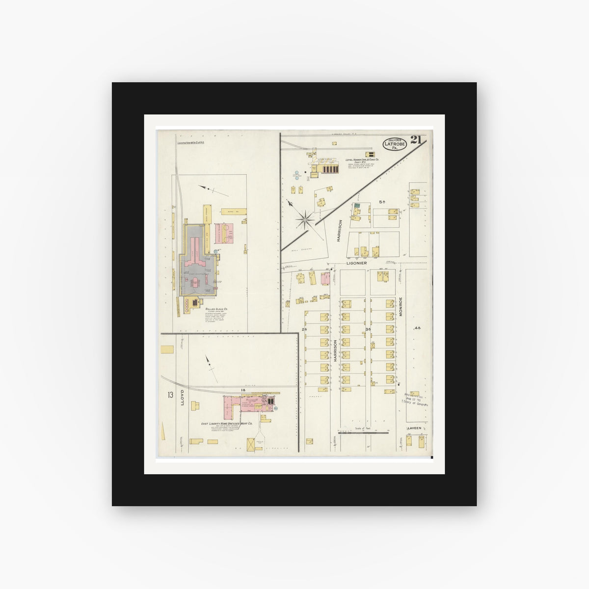 Old map wall art mockup — black gallery frame with white mat — Sanborn Fire Insurance Map from Latrobe, Westmoreland County, Pennsylvania (1909), Sheet #0021