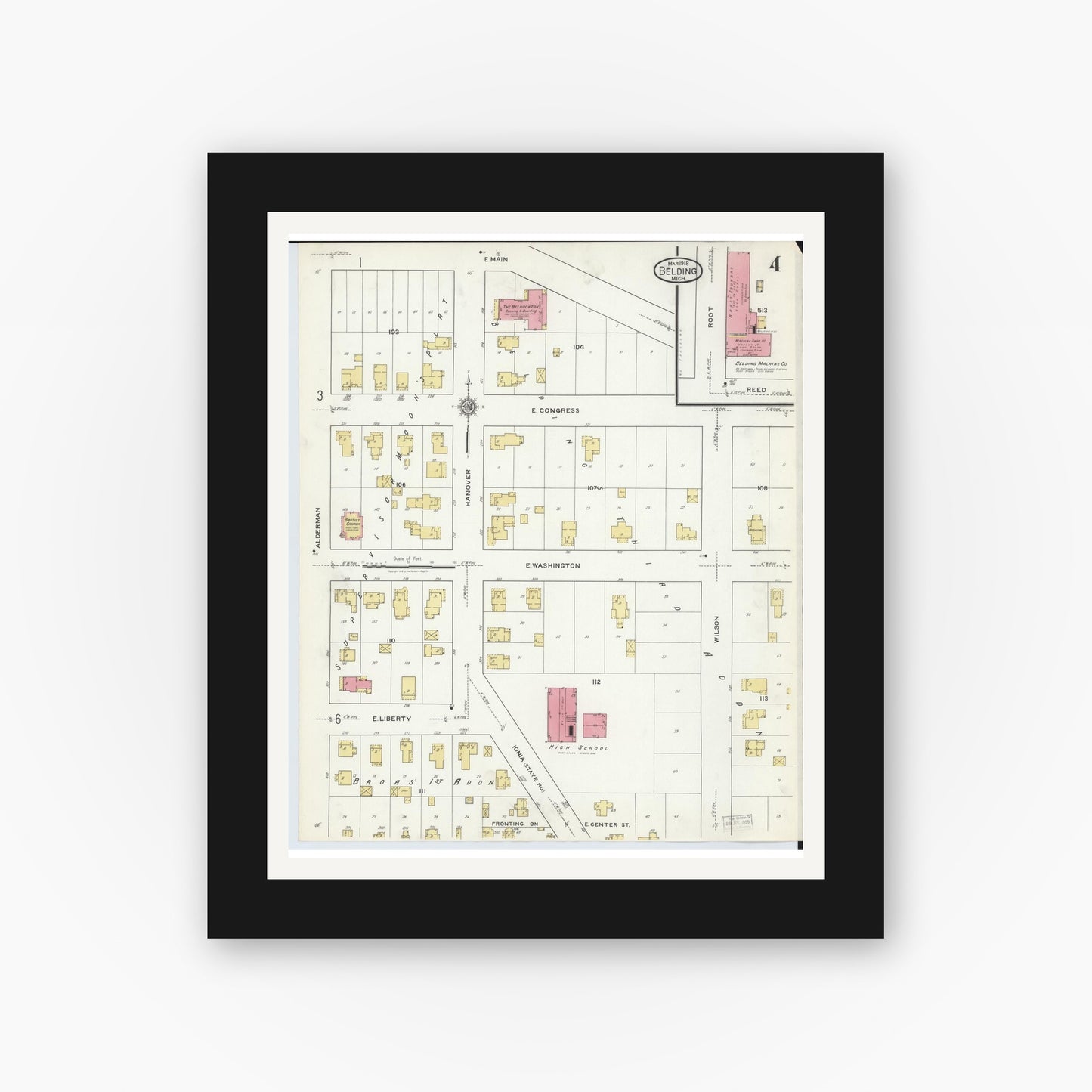 Old map wall art mockup — black gallery frame with white mat — Sanborn Fire Insurance Map from Belding, Ionia County, Michigan (1918), Sheet #0004