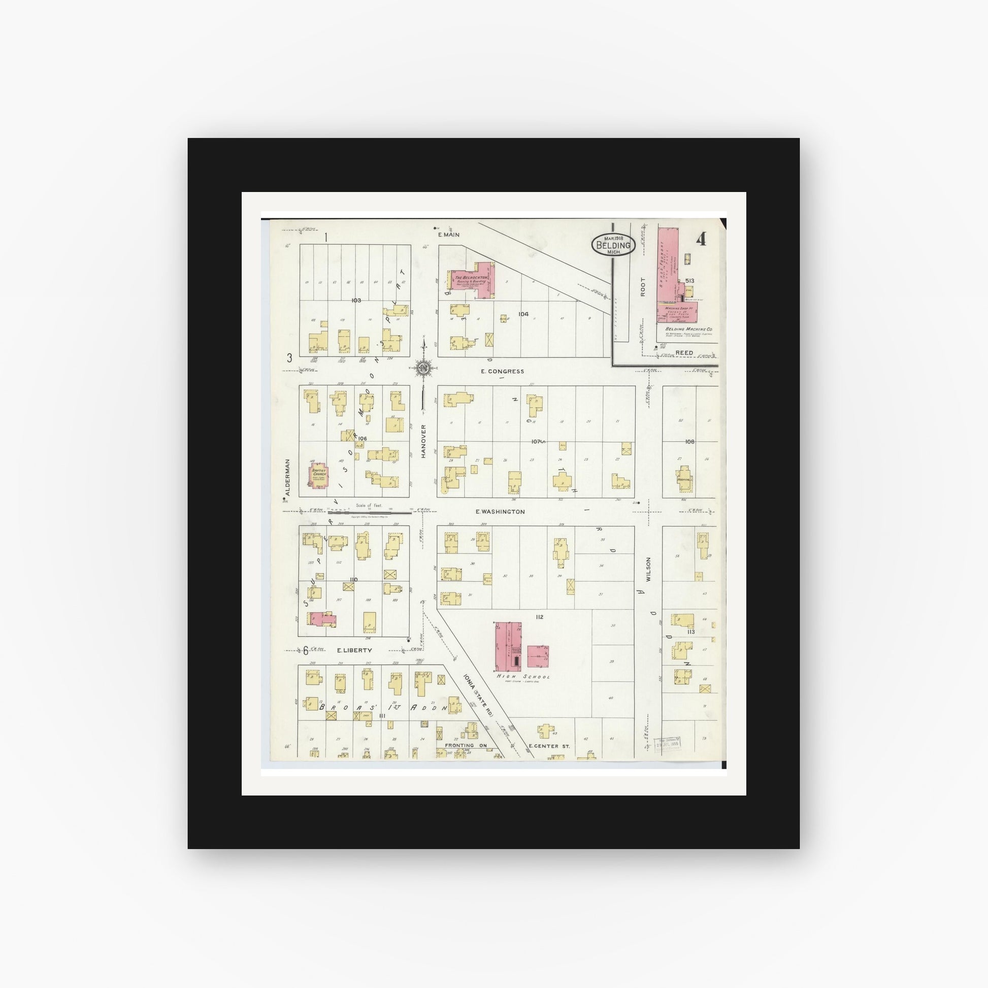 Old map wall art mockup — black gallery frame with white mat — Sanborn Fire Insurance Map from Belding, Ionia County, Michigan (1918), Sheet #0004