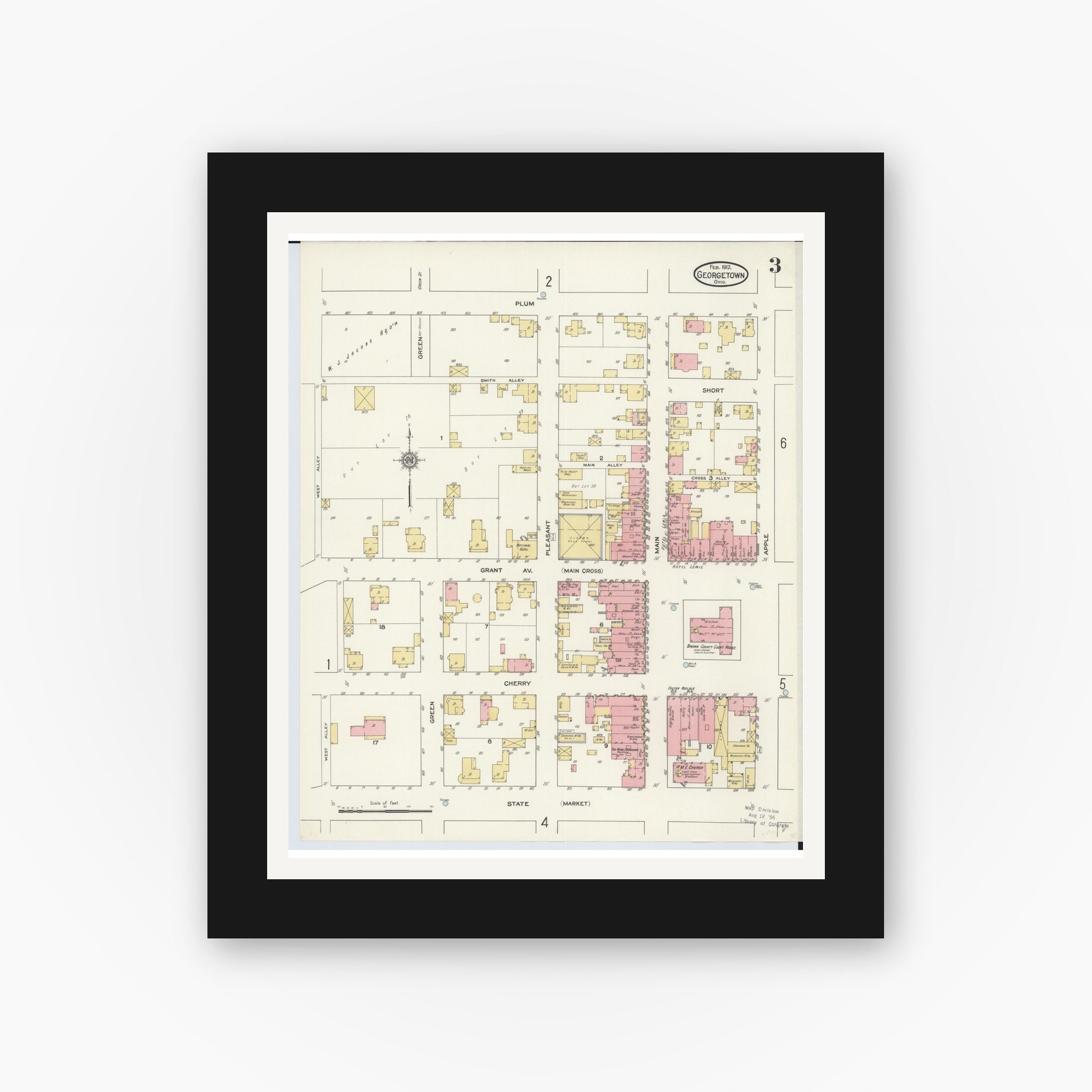 Old map wall art mockup — black gallery frame with white mat — Sanborn Fire Insurance Map from Georgetown, Brown County, Ohio (1912), Sheet #0003