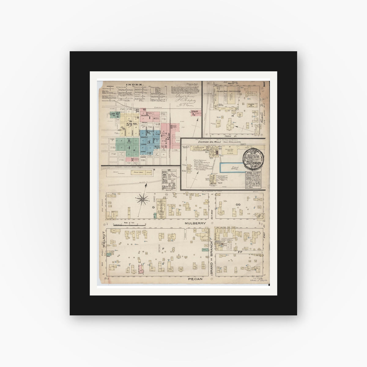 Old map wall art mockup — black gallery frame with white mat — Sanborn Fire Insurance Map from Sherman, Grayson County, Texas (1885), Sheet #0001