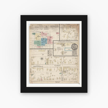 Old map wall art mockup — black gallery frame with white mat — Sanborn Fire Insurance Map from Sherman, Grayson County, Texas (1885), Sheet #0001