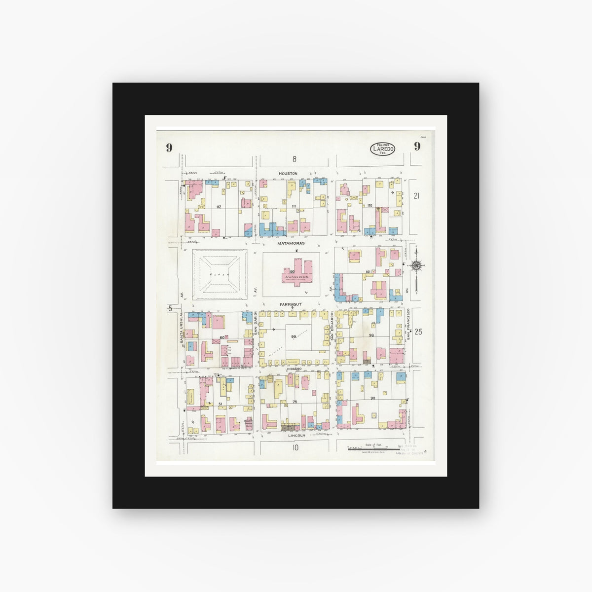 Old map wall art mockup — black gallery frame with white mat — Sanborn Fire Insurance Map from Laredo, Webb County, Texas (1925), Sheet #0009