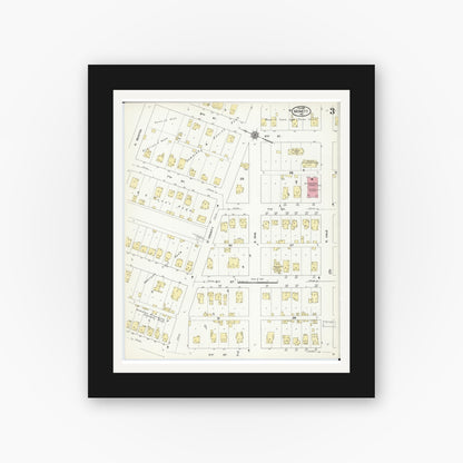 Old map wall art mockup — black gallery frame with white mat — Sanborn Fire Insurance Map from Monett, Barry County, Missouri (1910), Sheet #0003