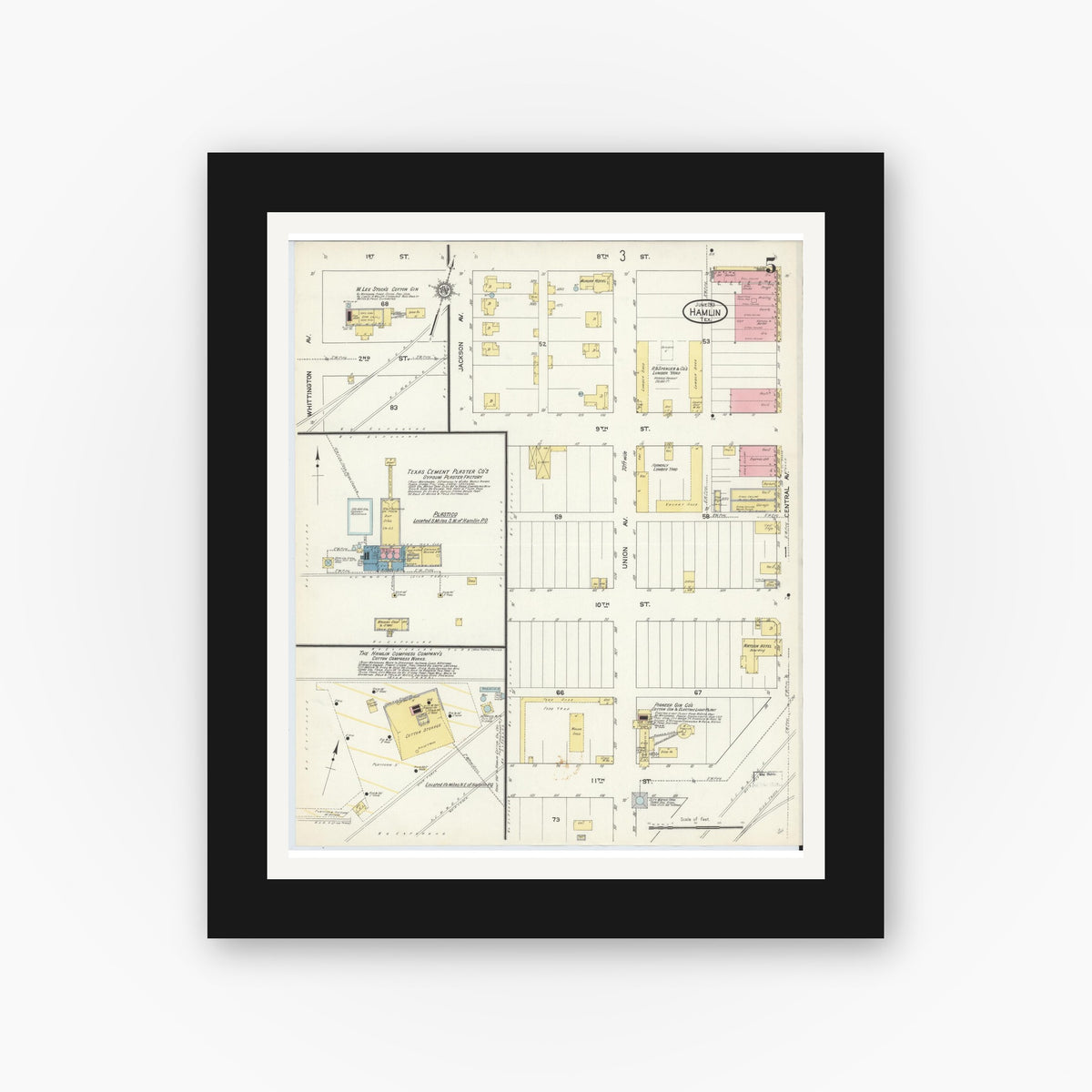 Old map wall art mockup — black gallery frame with white mat — Sanborn Fire Insurance Map from Hamlin, Jones County, Texas (1913), Sheet #0005