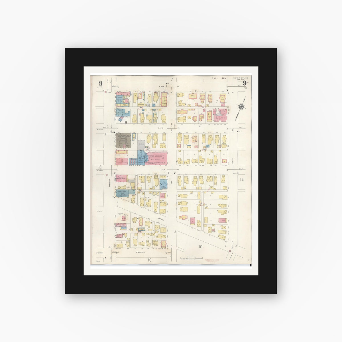 Old map wall art mockup — black gallery frame with white mat — Sanborn Fire Insurance Map from Michigan City, La Porte County, Indiana (1948), Sheet #0009