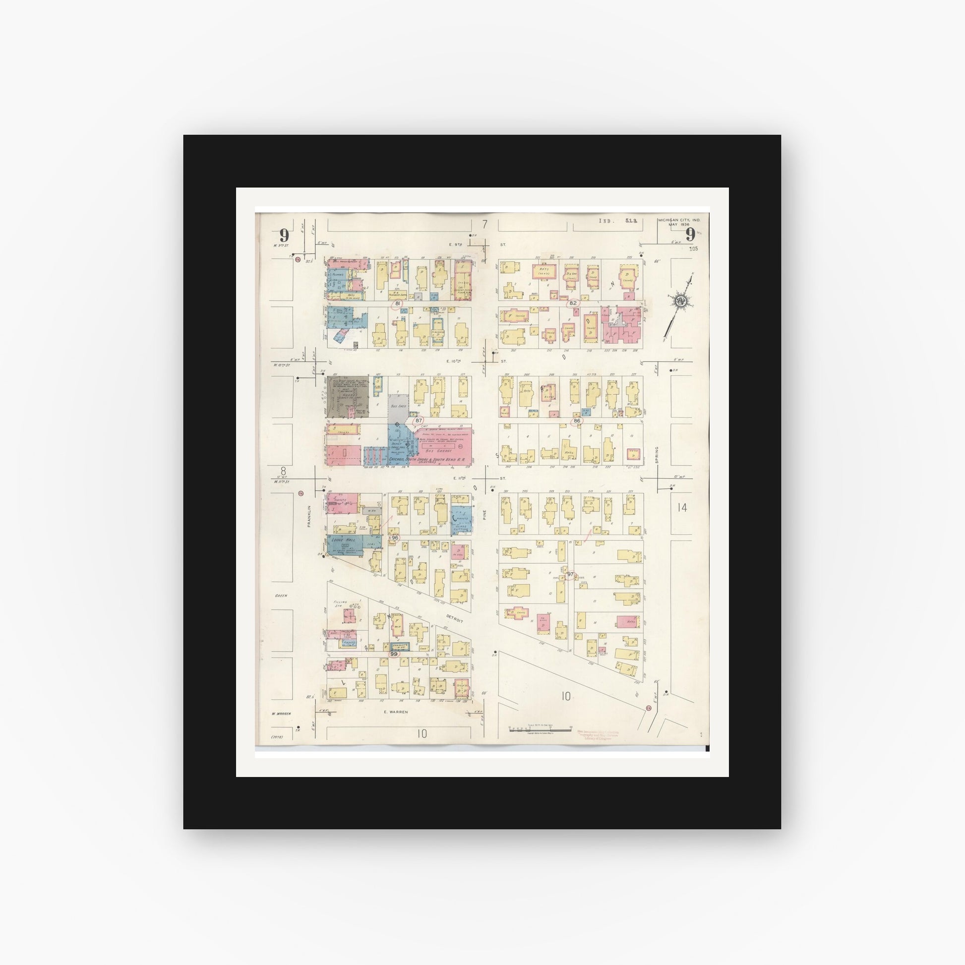 Old map wall art mockup — black gallery frame with white mat — Sanborn Fire Insurance Map from Michigan City, La Porte County, Indiana (1948), Sheet #0009