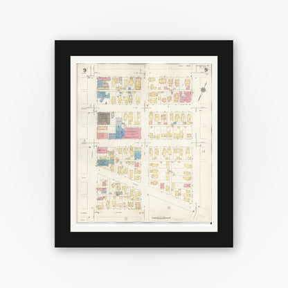 Old map wall art mockup — black gallery frame with white mat — Sanborn Fire Insurance Map from Michigan City, La Porte County, Indiana (1948), Sheet #0009