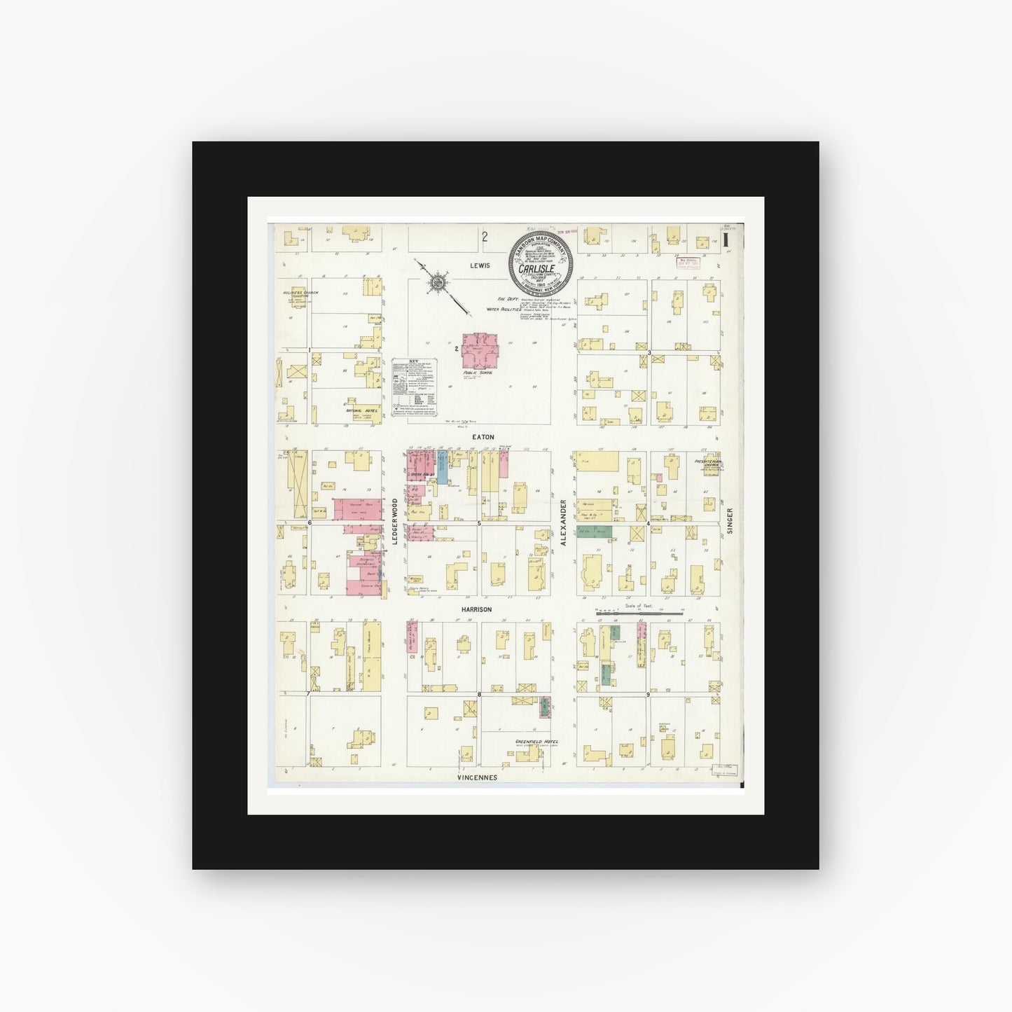 Old map wall art mockup — black gallery frame with white mat — Sanborn Fire Insurance Map from Carlisle, Sullivan County, Indiana (1910) - Complete Map Set
