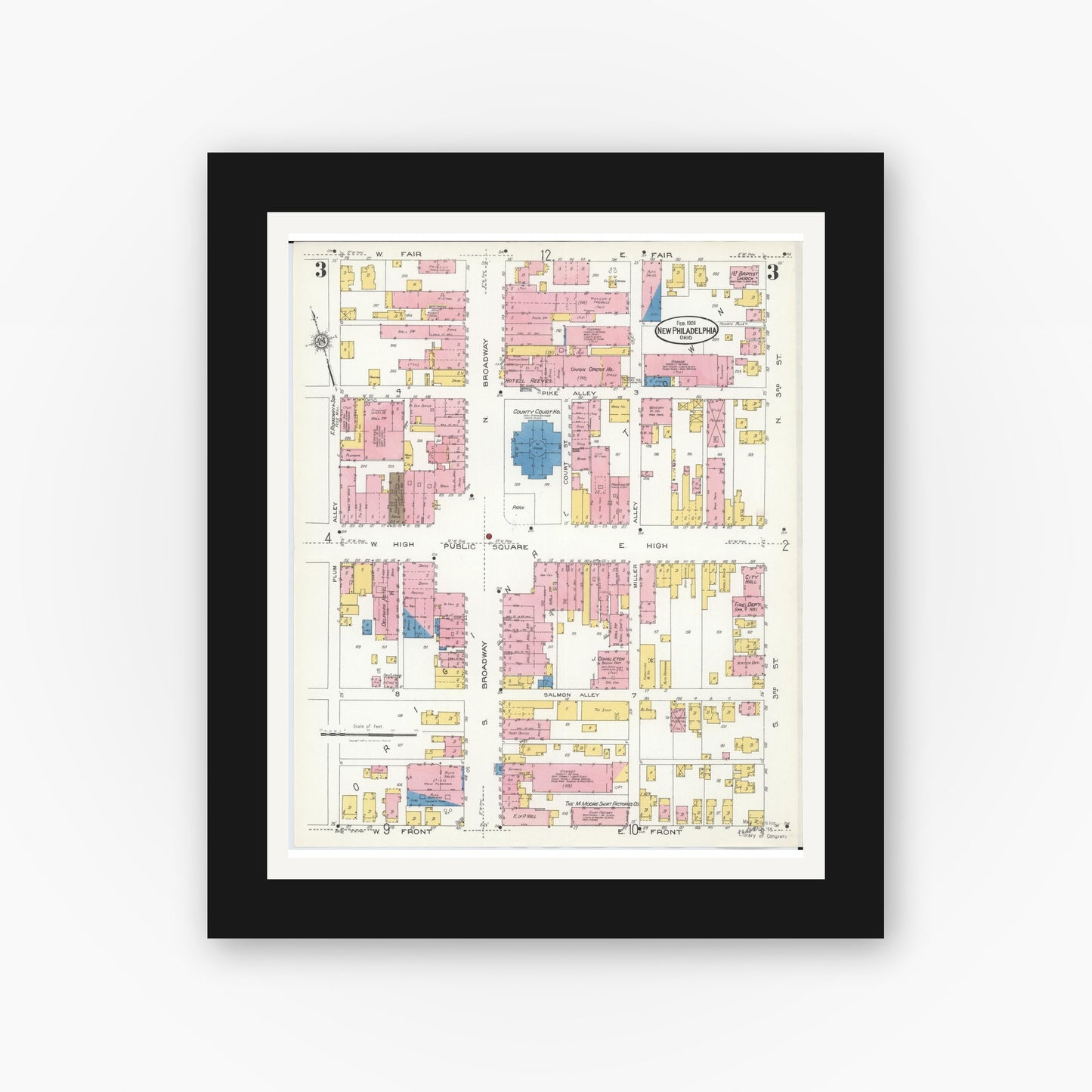 Old map wall art mockup — black gallery frame with white mat — Sanborn Fire Insurance Map from New Philadelphia, Tuscarawas County, Ohio (1926), Sheet #0003