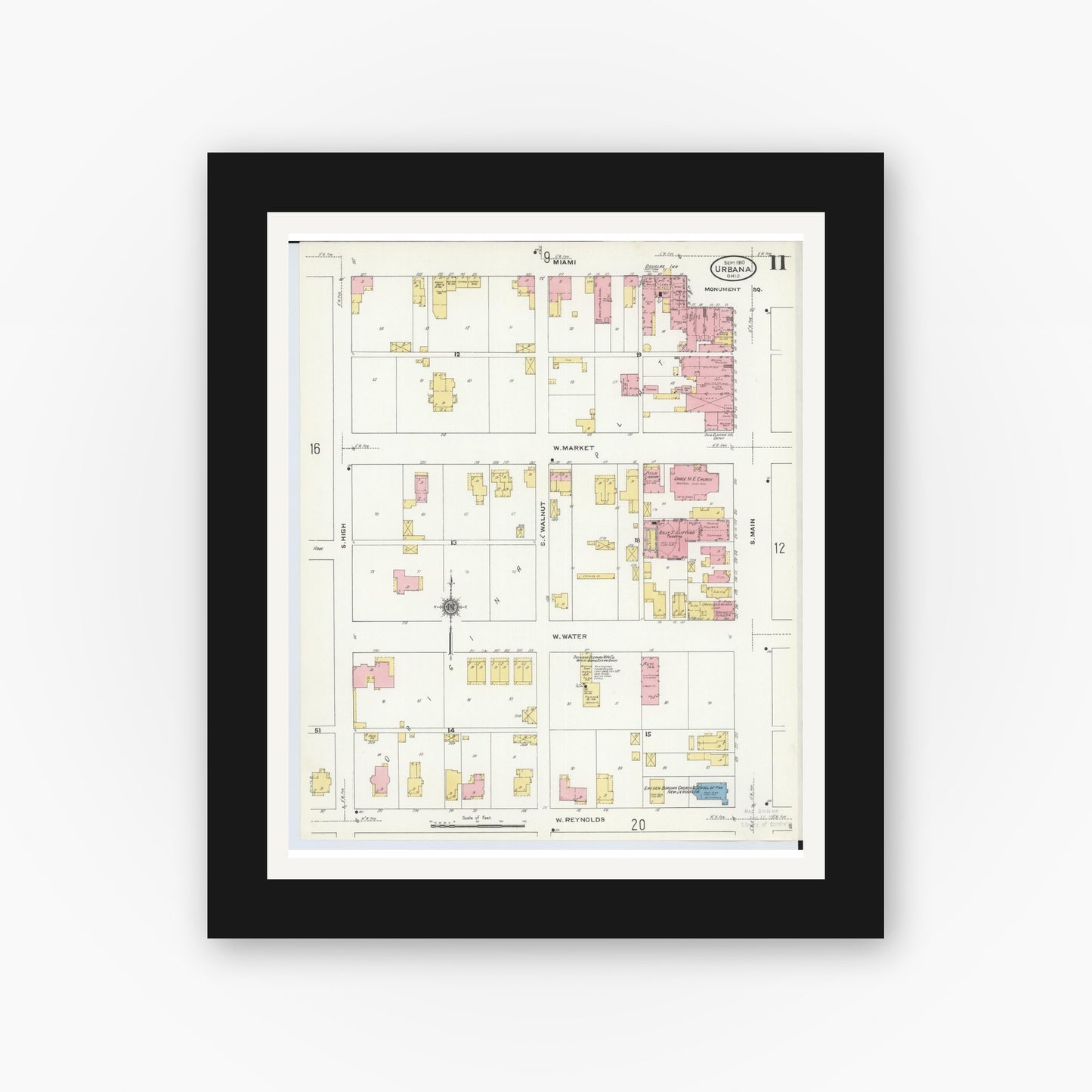 Old map wall art mockup — black gallery frame with white mat — Sanborn Fire Insurance Map from Urbana, Champaign County, Ohio (1910), Sheet #0011