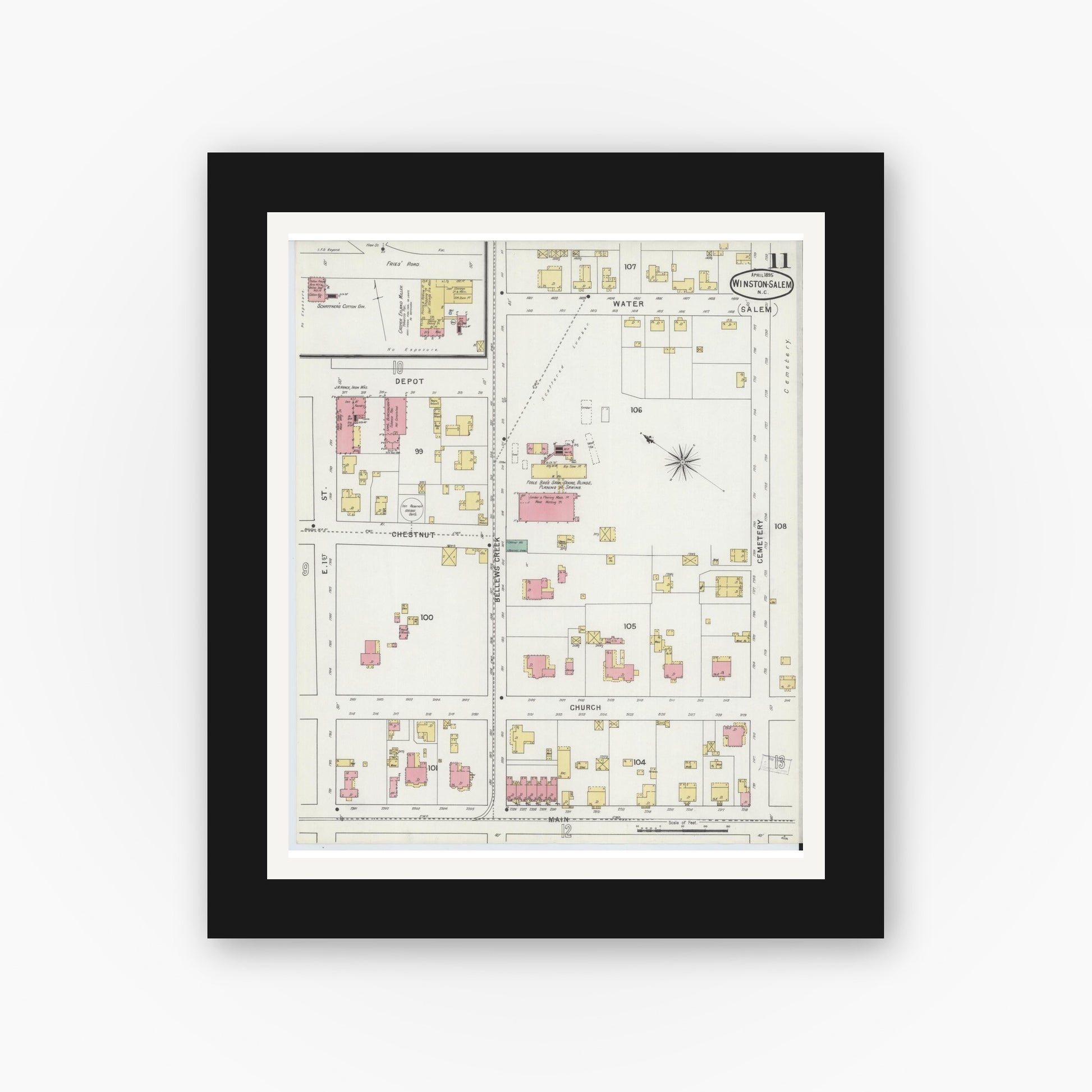 Old map wall art mockup — black gallery frame with white mat — Sanborn Fire Insurance Map from Winston-Salem, Forsyth County, North Carolina (1895), Sheet #0011