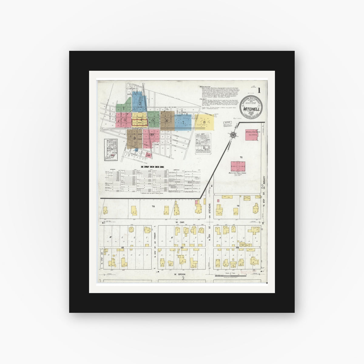 Old map wall art mockup — black gallery frame with white mat — Sanborn Fire Insurance Map from Mitchell, Lawrence County, Indiana (1918), Sheet #0001