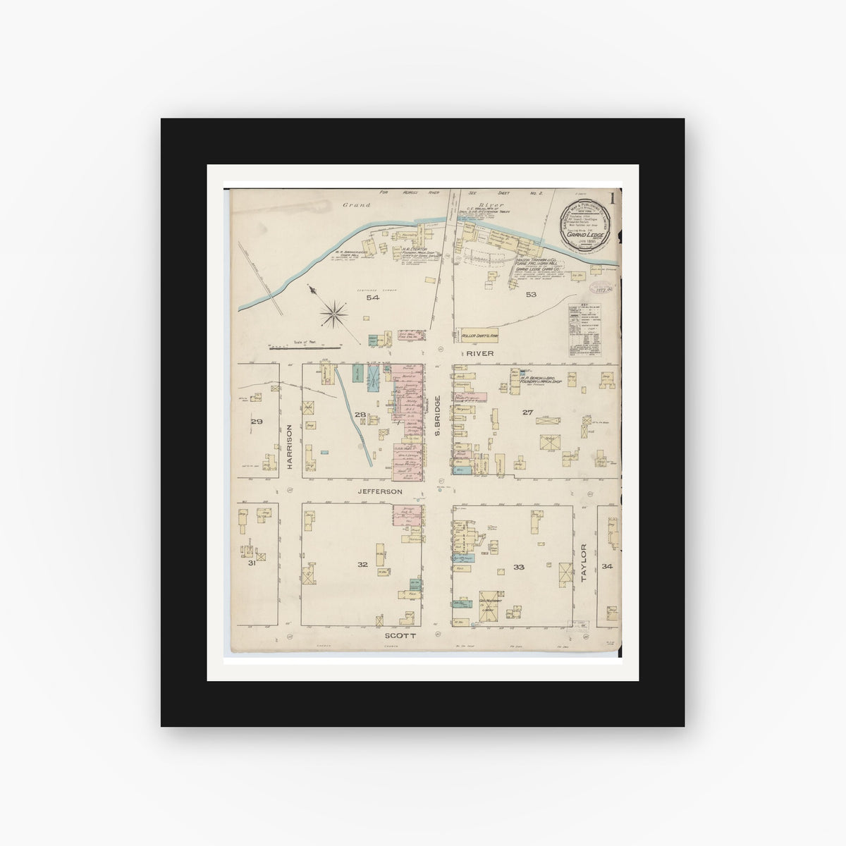 Old map wall art mockup — black gallery frame with white mat — Sanborn Fire Insurance Map from Grand Ledge, Eaton County, Michigan (1886), Sheet #0001