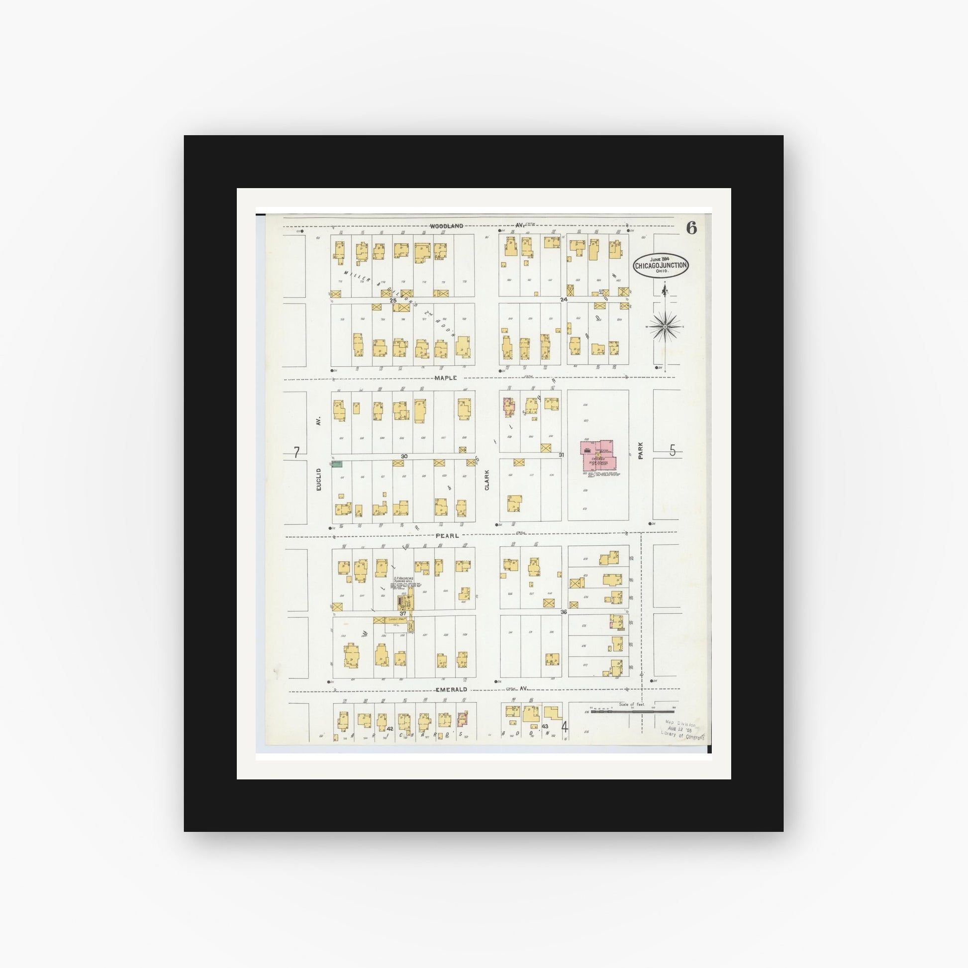 Old map wall art mockup — black gallery frame with white mat — Sanborn Fire Insurance Map from Chicago Junction, Huron County, Ohio (1904), Sheet #0006